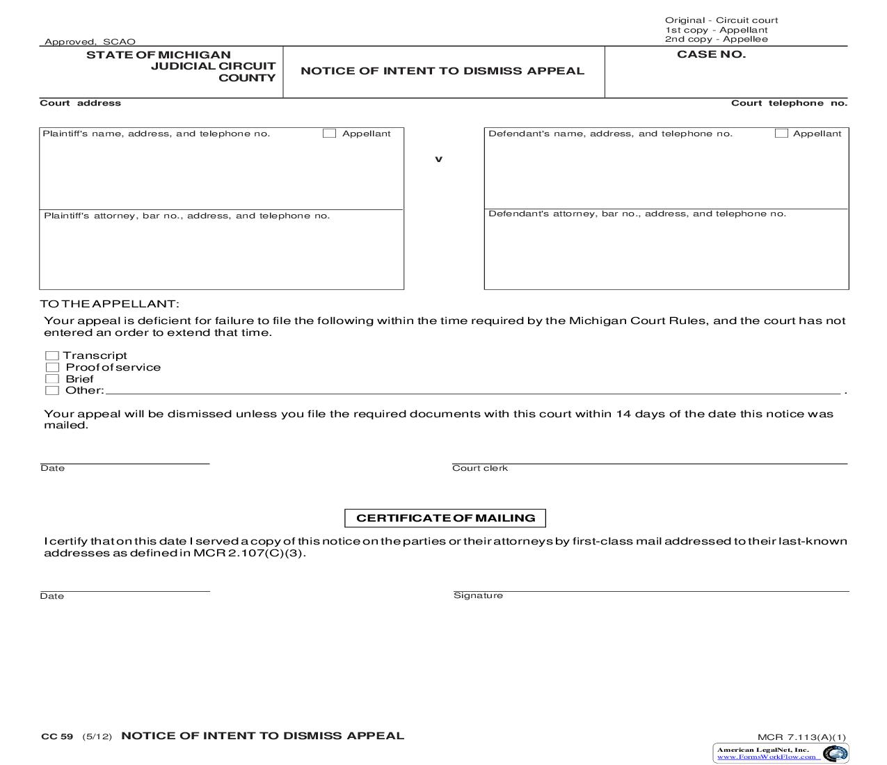 Notice Dismissing Appeal {MC 59} | Pdf Fpdf Doc Docx | Michigan