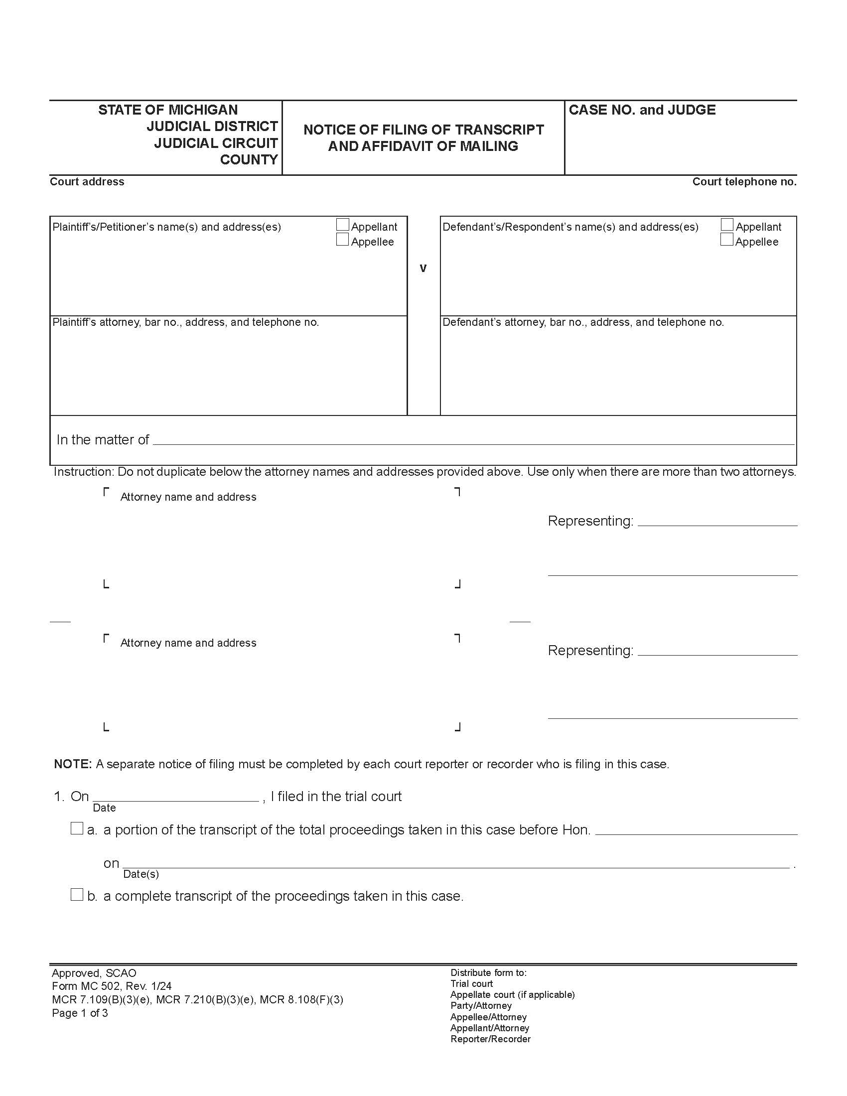 Notice Of Filing Of Transcript And Affidavit Of Mailing {MC 502} | Pdf Fpdf Docx | Michigan