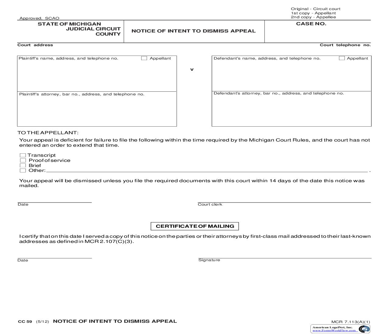 Notice Of Intent To Dismiss Appeal {CC 59} | Pdf Fpdf Doc Docx | Michigan
