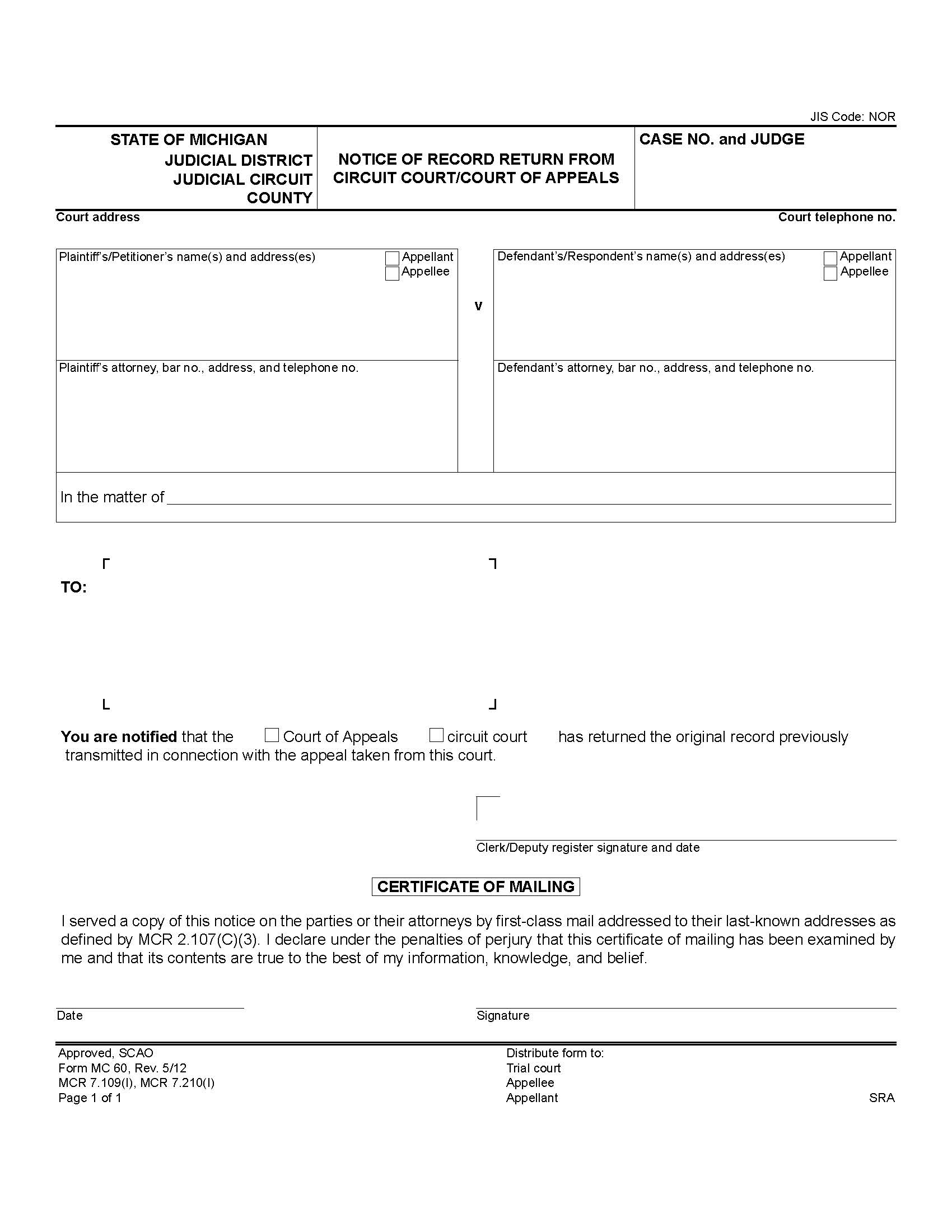 Notice Of Record Return From Court Of Appeals {MC 60} | Pdf Fpdf Doc Docx | Michigan