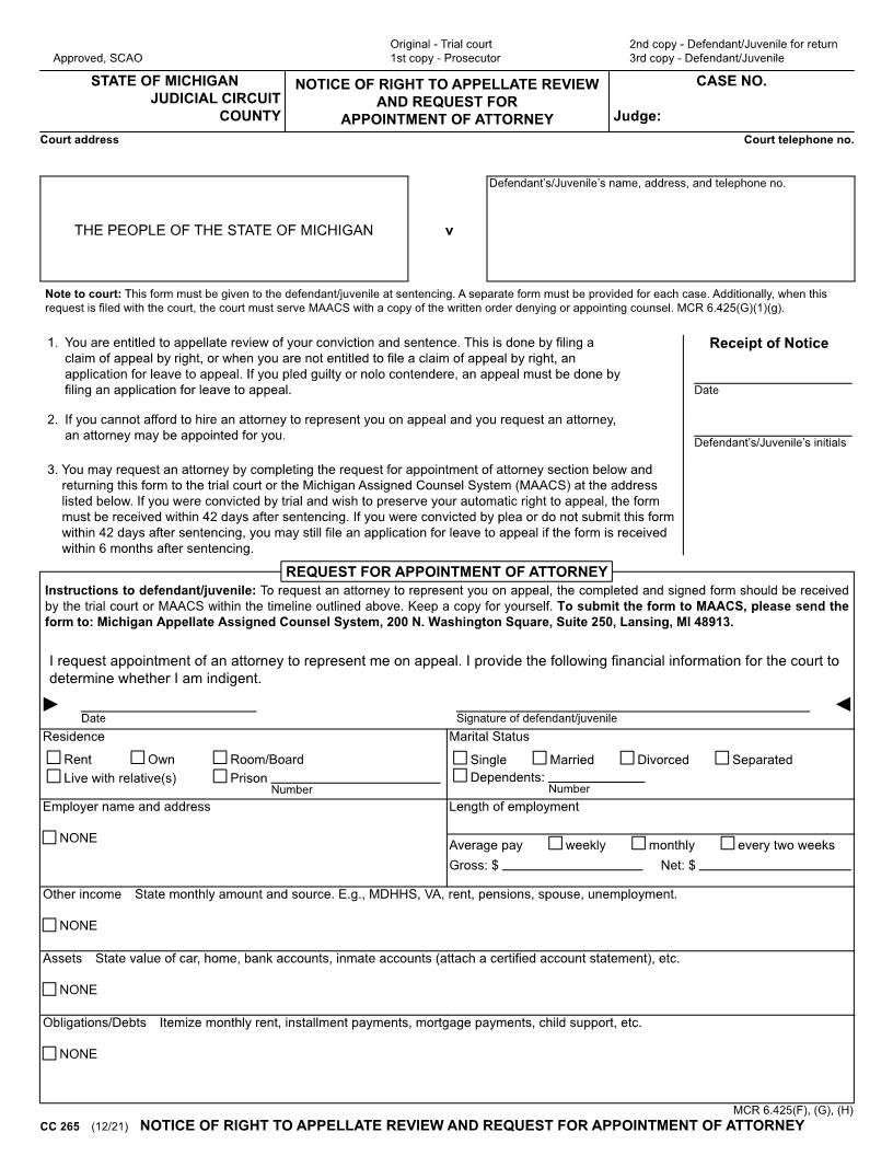 Notice Of Right To Appellate Review And Request For Appointment Of Attorney {CC 265} | Pdf Fpdf Docx | Michigan