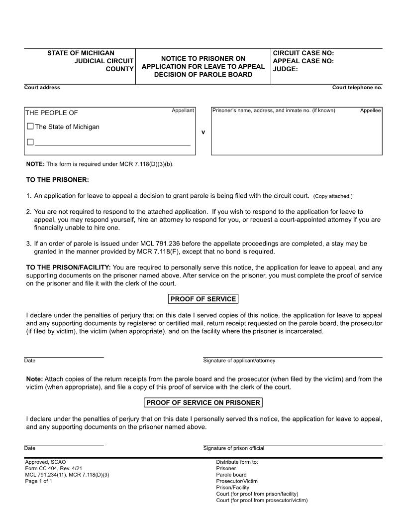 Notice To Prisoner On Application For Leave To Appeal Decision {CC 404} | Pdf Fpdf Doc Docx | Michigan