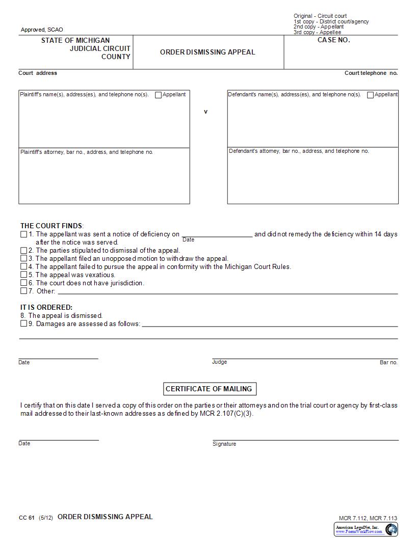 Order Dismissing Appeal {CC 61} | Pdf Fpdf Docx | Michigan