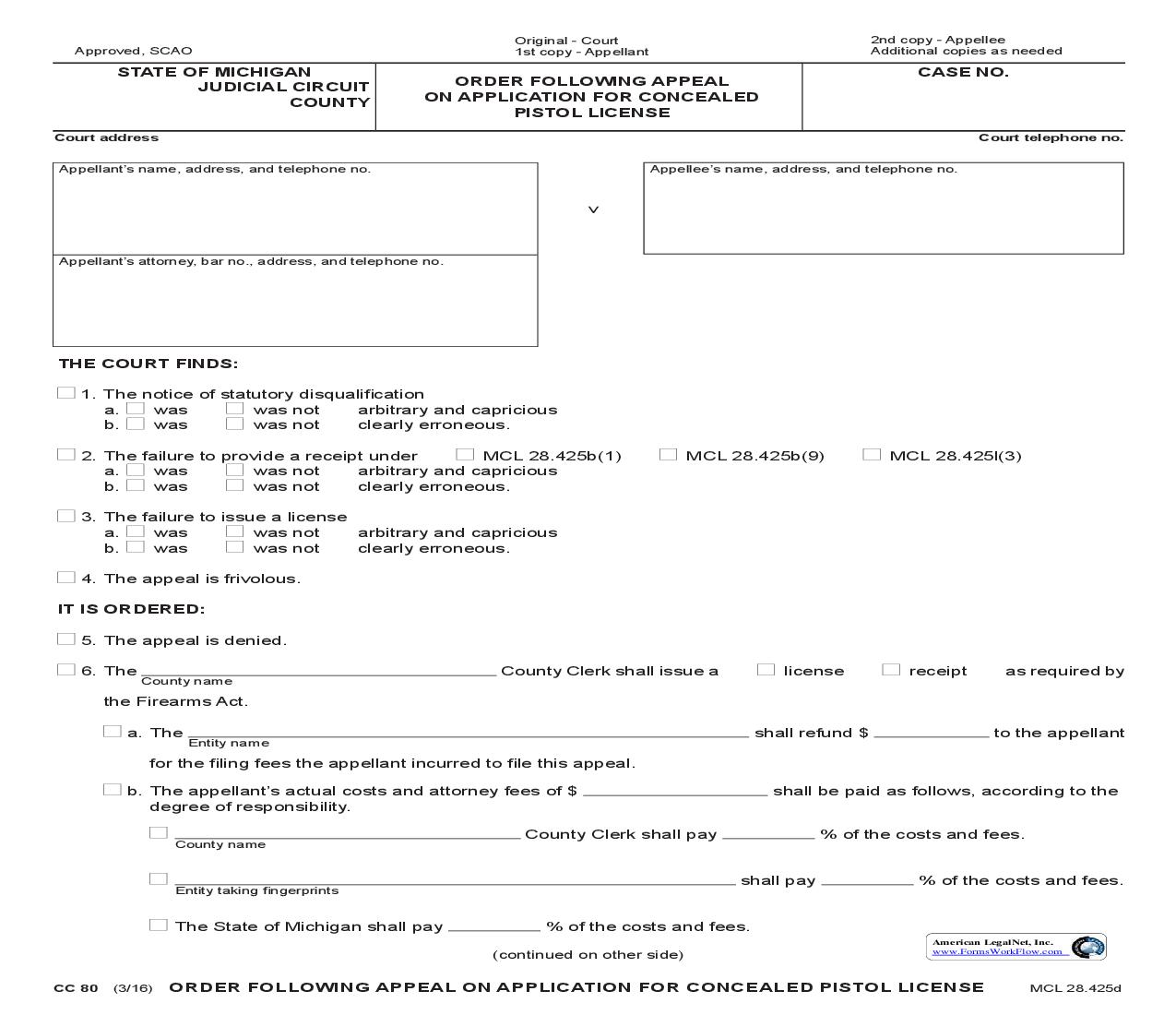 Order Following Appeal On Denial Of Application For Concealed Weapon License {CC 80} | Pdf Fpdf Doc Docx | Michigan