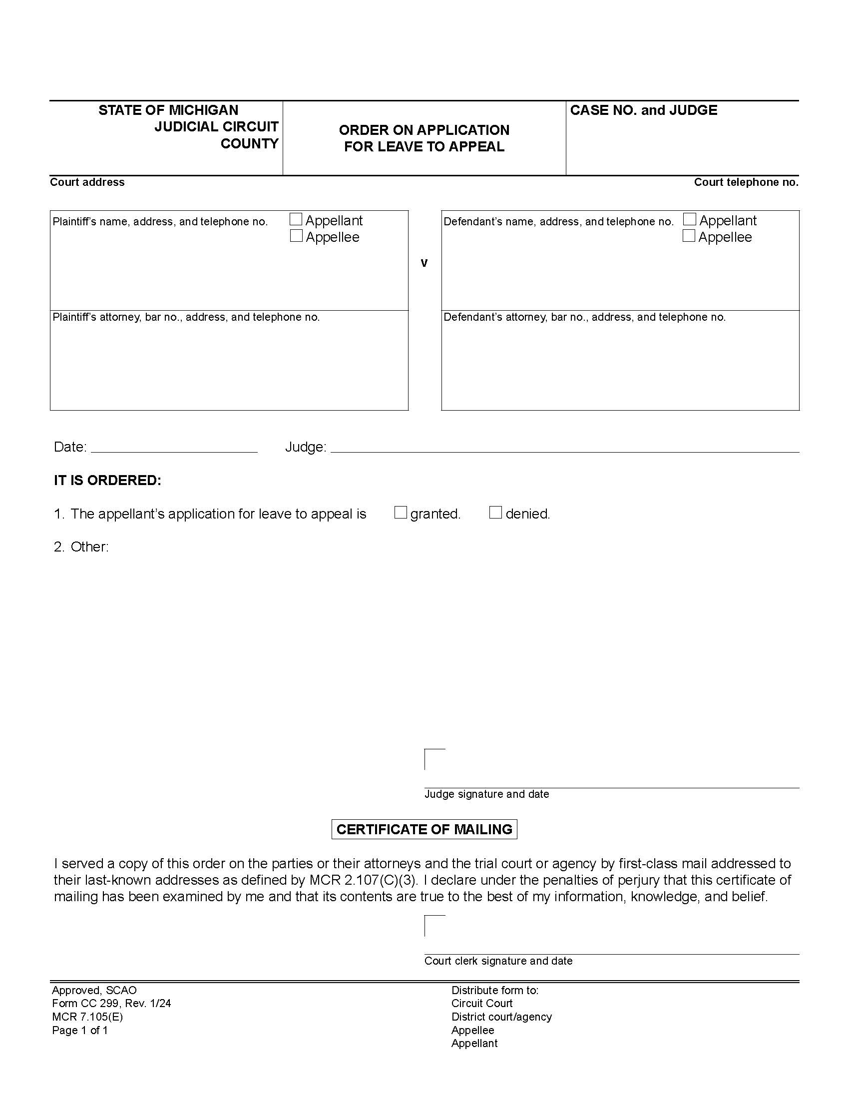 Order On Application For Leave To Appeal {CC 299} | Pdf Fpdf Doc Docx | Michigan