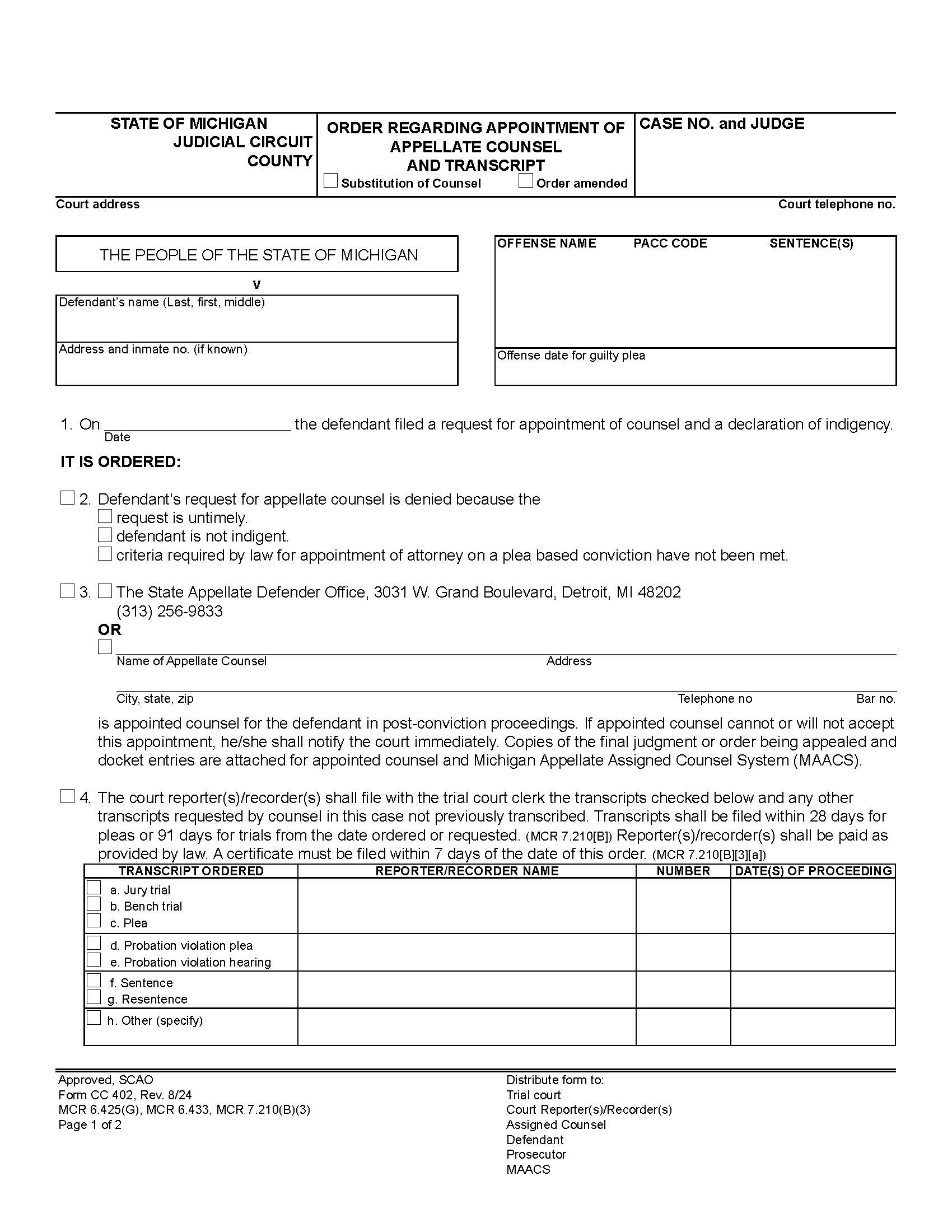 Order Regarding Appointment Of Appellate Counsel And Transcript {CC 402} | Pdf Fpdf Doc Docx | Michigan