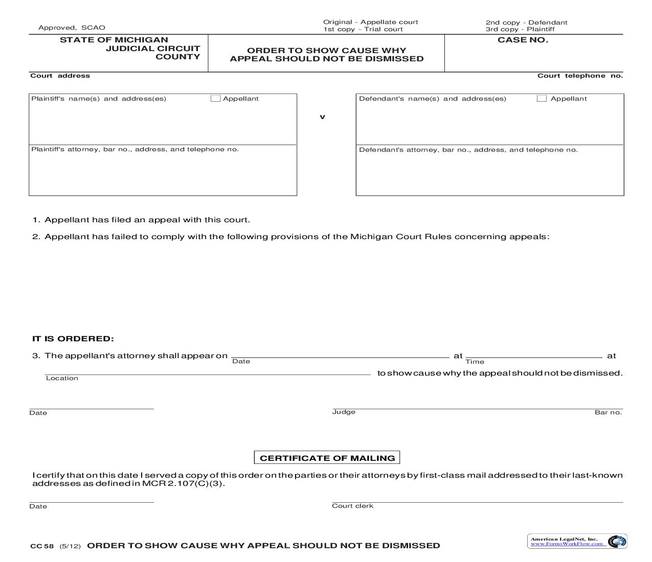 Order To Show Cause Why Appeal Should Not Be Dismissed {CC 58} | Pdf Fpdf Doc Docx | Michigan