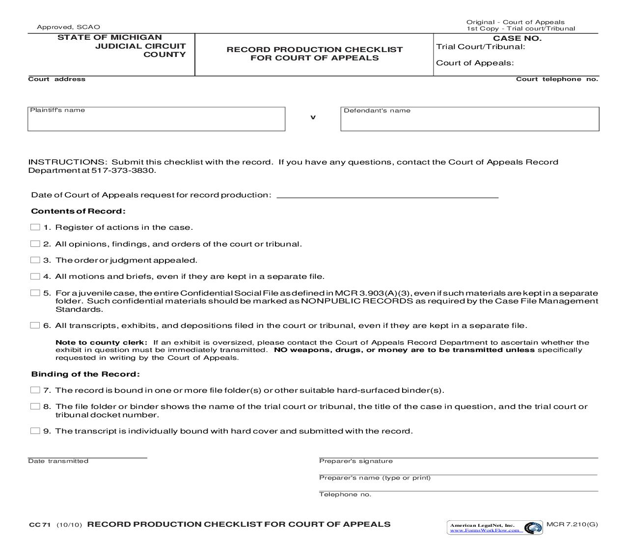 Record Production Checklist For Court Of Appeals {CC 71} | Pdf Fpdf Doc Docx | Michigan