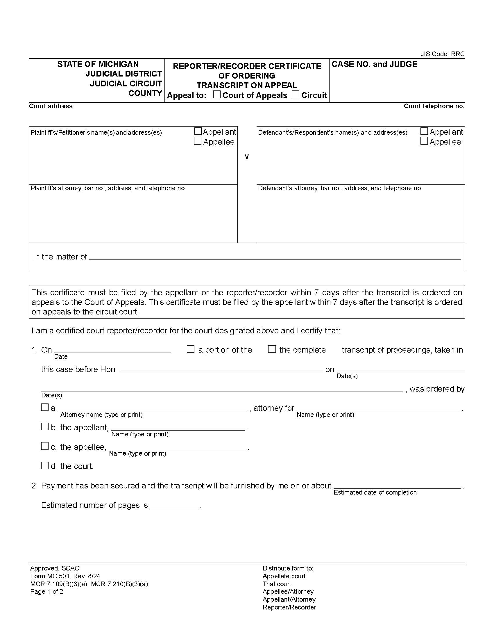 Reporter Or Recorder Certificate Of Ordering Of Transcript On Appeal {MC 501} | Pdf Fpdf Doc Docx | Michigan
