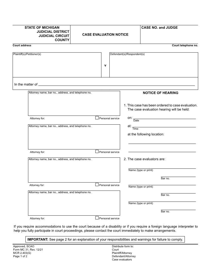 Case Evaluation Notice {MC 31} | Pdf Fpdf Doc Docx | Michigan