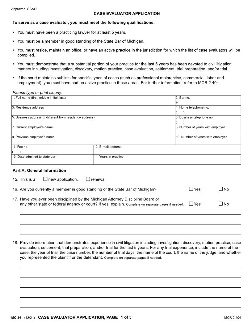 Case Evaluator Application {MC 34} | Pdf Fpdf Doc Docx | Michigan