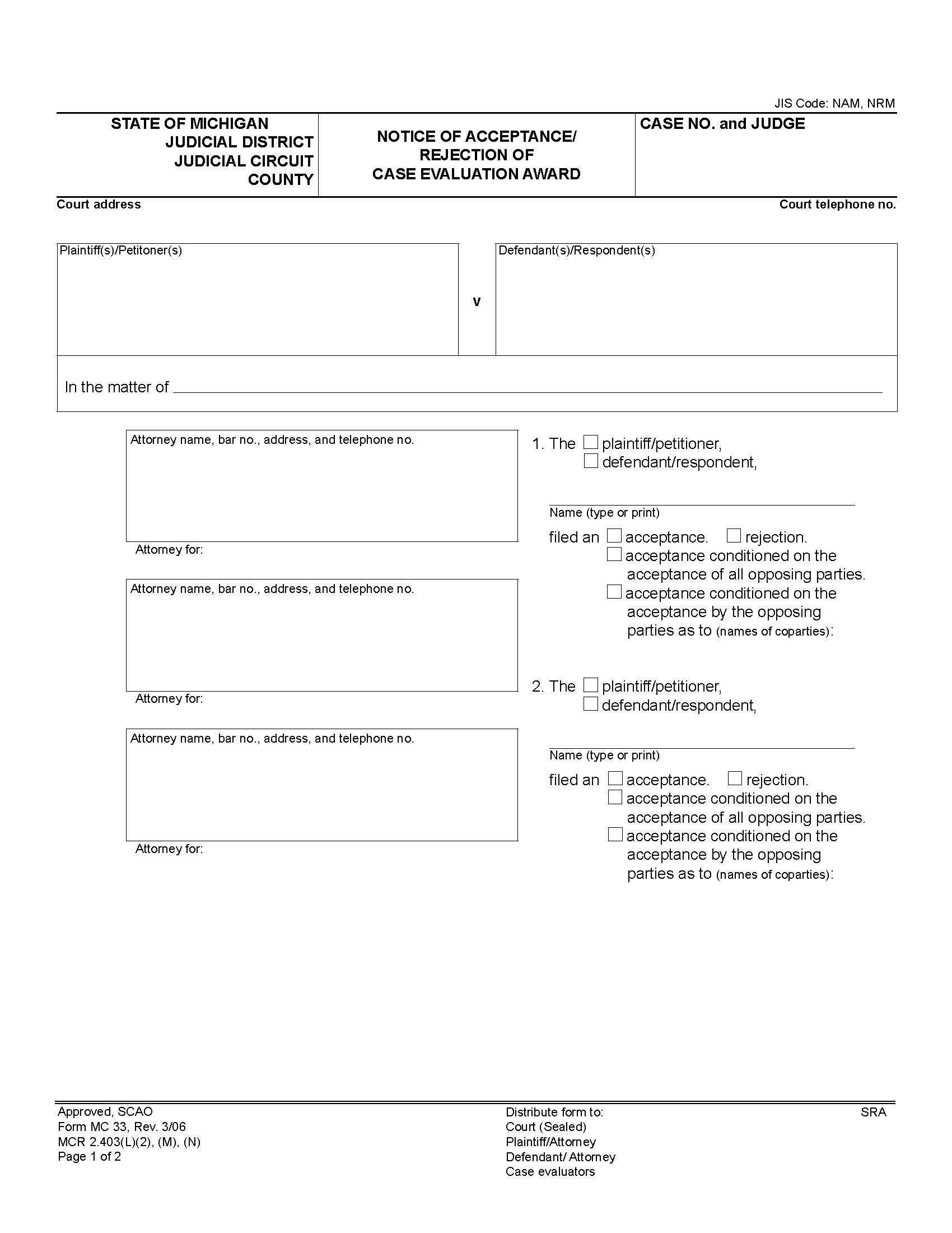 Notice Of Acceptance Or Rejection Of Case Evaluation Award {MC 33} | Pdf Fpdf Doc Docx | Michigan