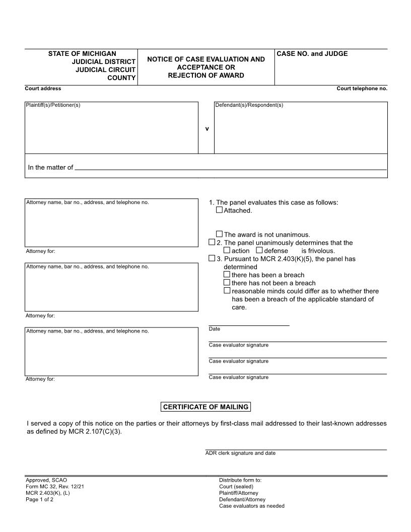 Notice Of Case Evaluation And Acceptance Or Rejection Of Award {MC 32} | Pdf Fpdf Doc Docx | Michigan