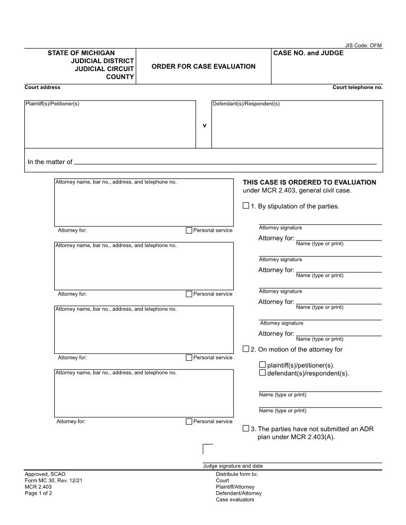 Order For Case Evaluation {MC 30} | Pdf Fpdf Doc Docx | Michigan