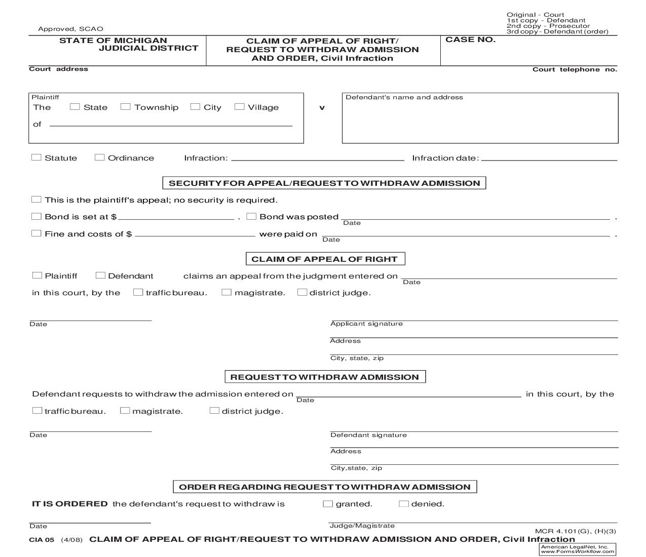 Claim Of Appeal Of Right Or Request To Withdraw Admission And Order {CIA 05} | Pdf Fpdf Doc Docx | Michigan