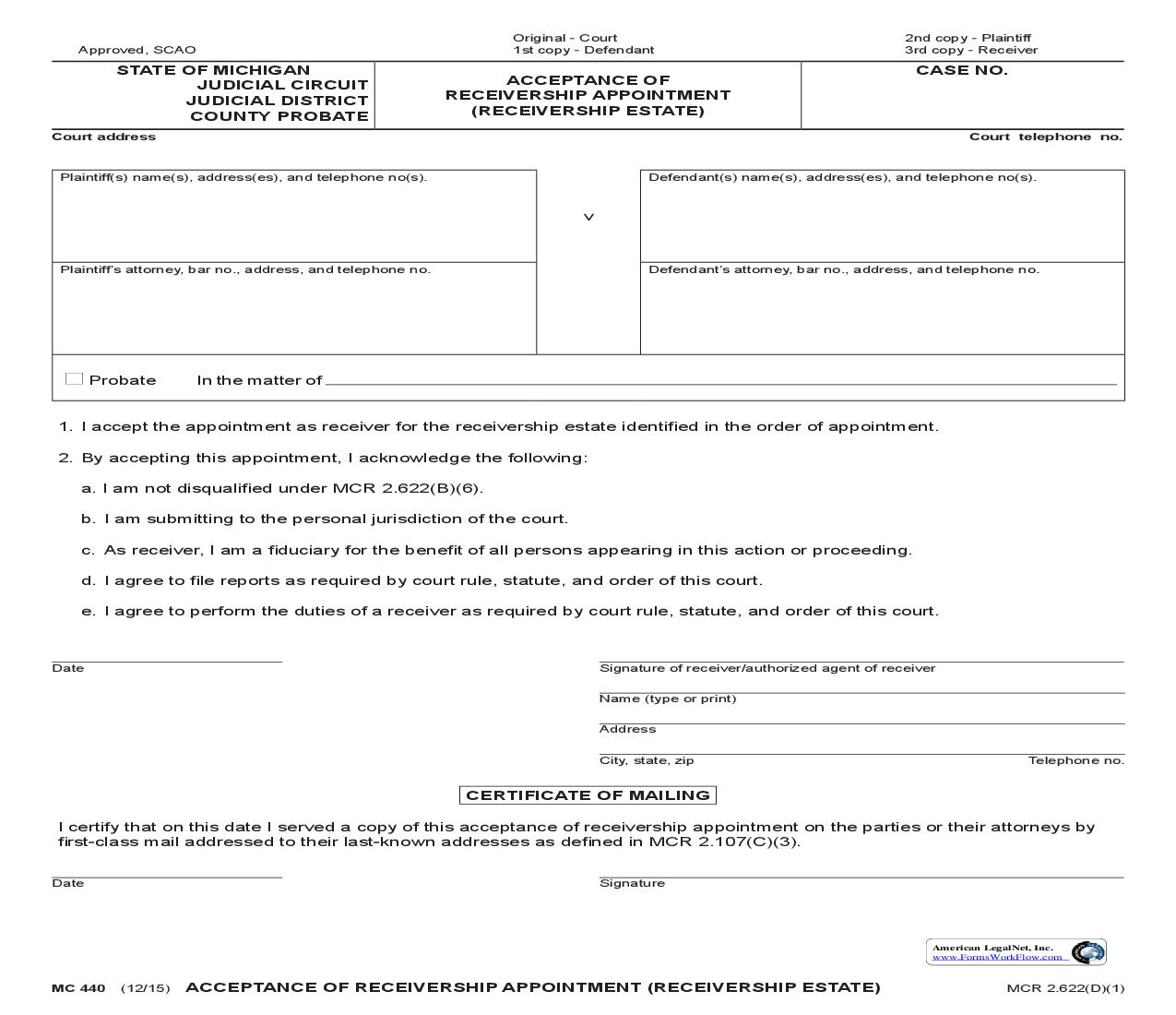 Acceptance Of Receivership Appointment (Receivership Estate) {MC 440} | Pdf Fpdf Doc Docx | Michigan