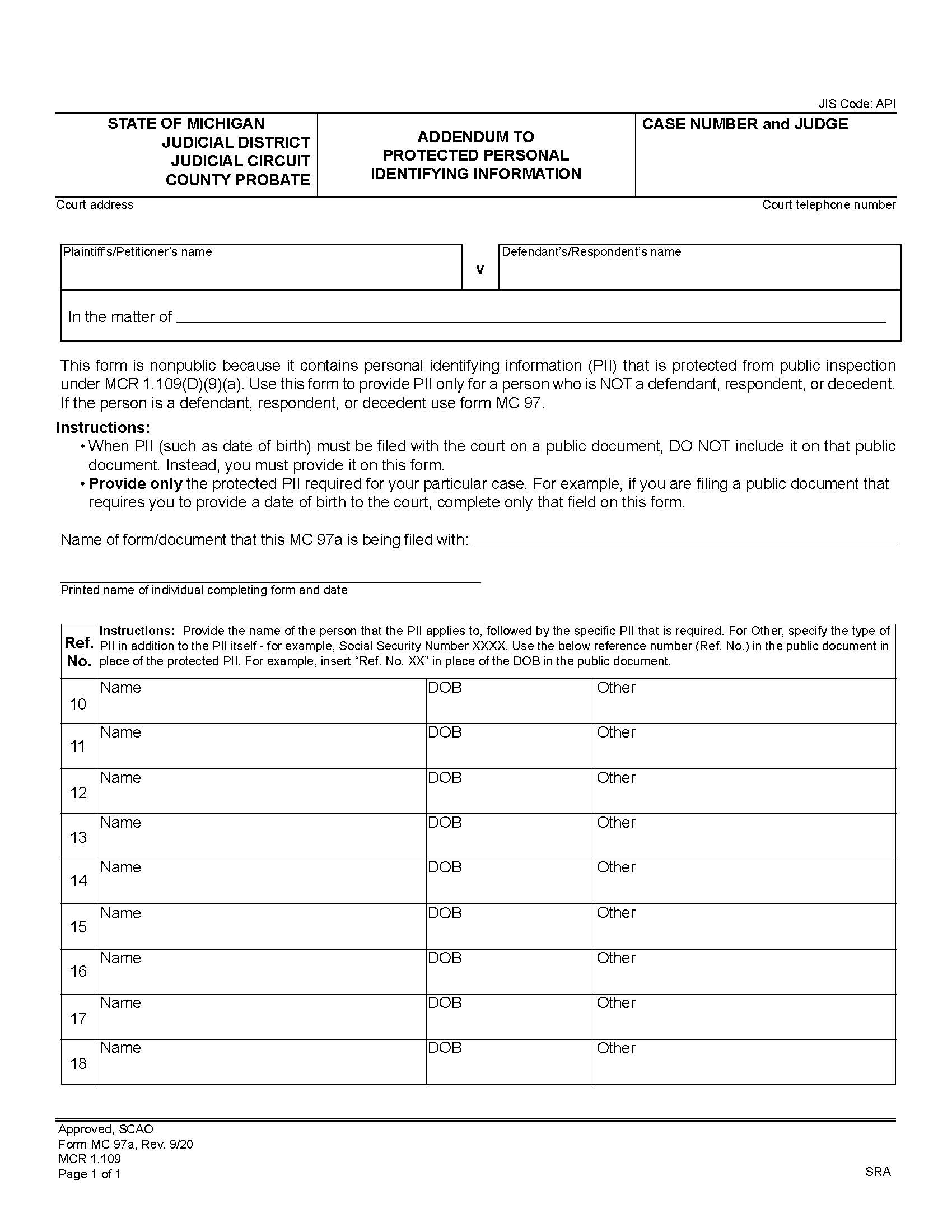Addendum To Protected Personal Identifying Information {MC 97a} | Pdf Fpdf Docx | Michigan