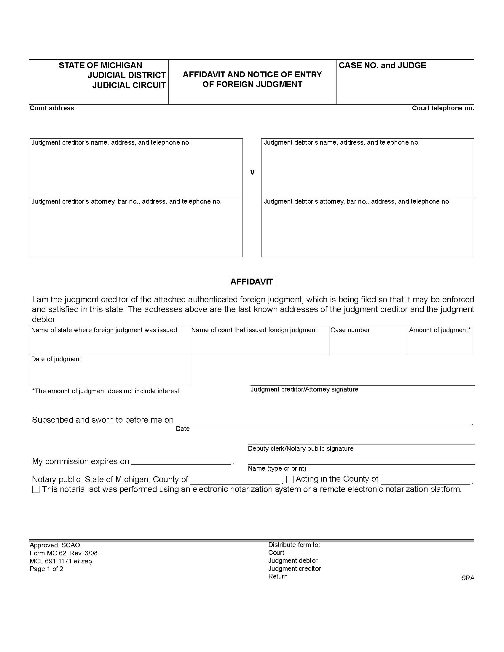 Affidavit And Notice Of Entry Of Foreign Judgment {MC 62} | Pdf Fpdf Doc Docx | Michigan