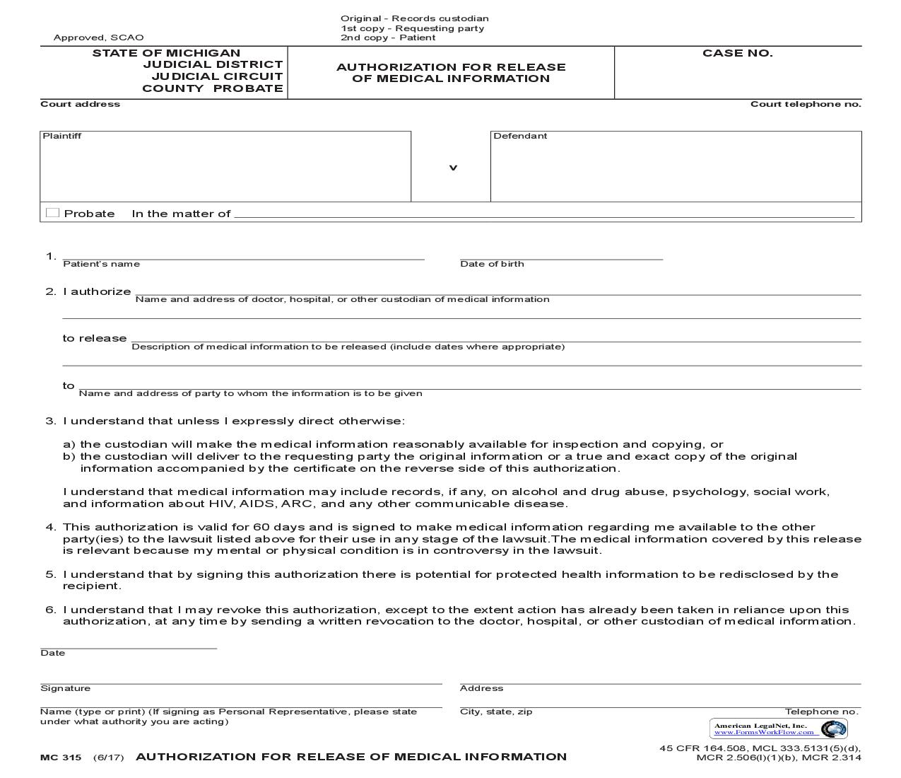 Authorization For Release Of Medical Information {MC 315} | Pdf Fpdf Doc Docx | Michigan