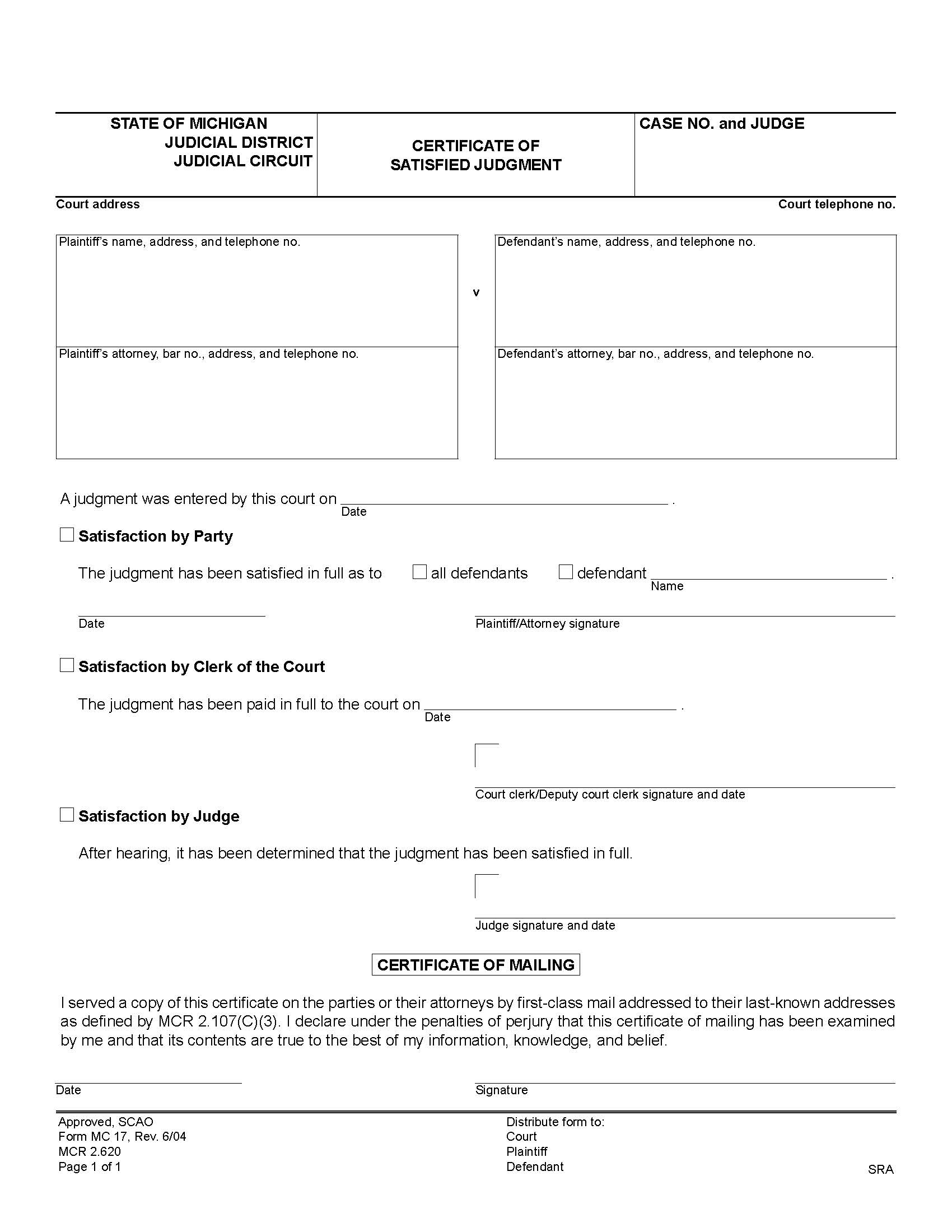 Certificate Of Satisfied Judgment {MC 17} | Pdf Fpdf Doc Docx | Michigan