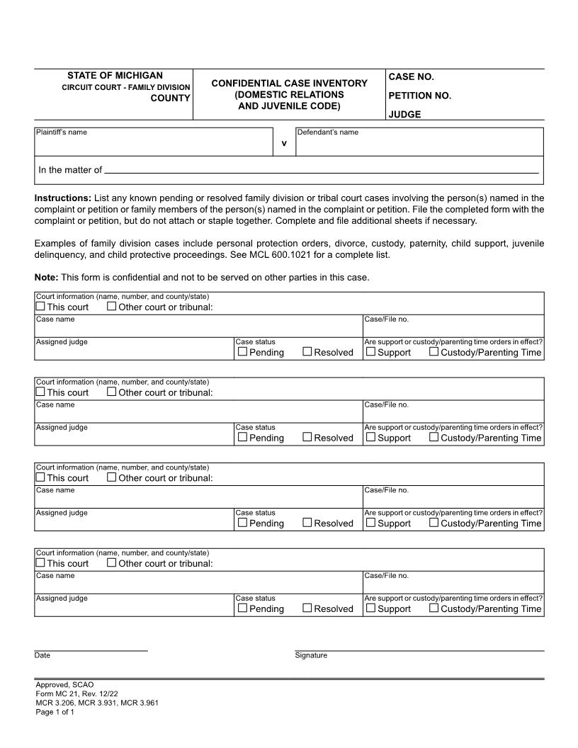 Confidential Case Inventory (Domestic Relations And Juvenile Code) {MC 21} | Pdf Fpdf Docx | Michigan