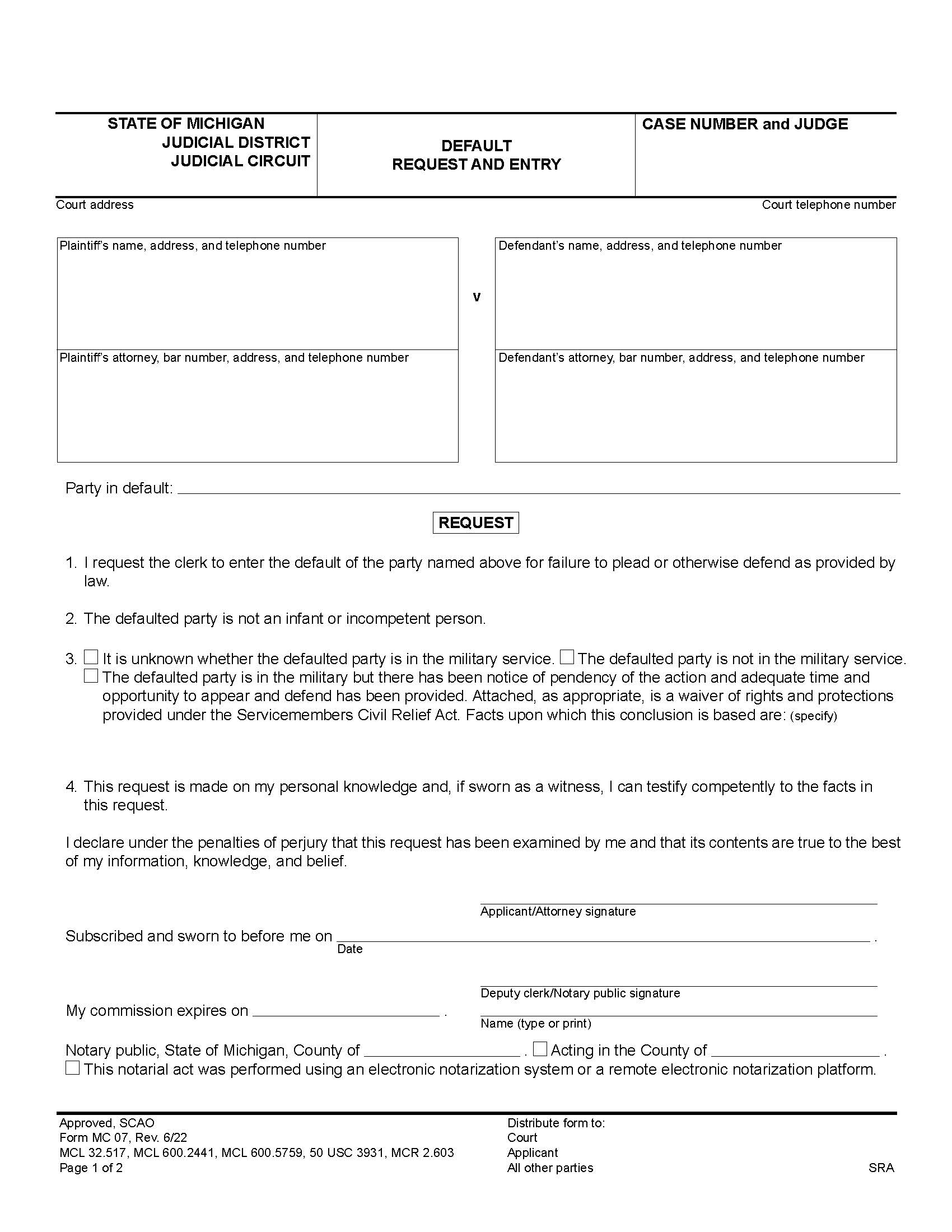 Default Application And Entry And Affidavit {MC 07} | Pdf Fpdf Doc Docx | Michigan