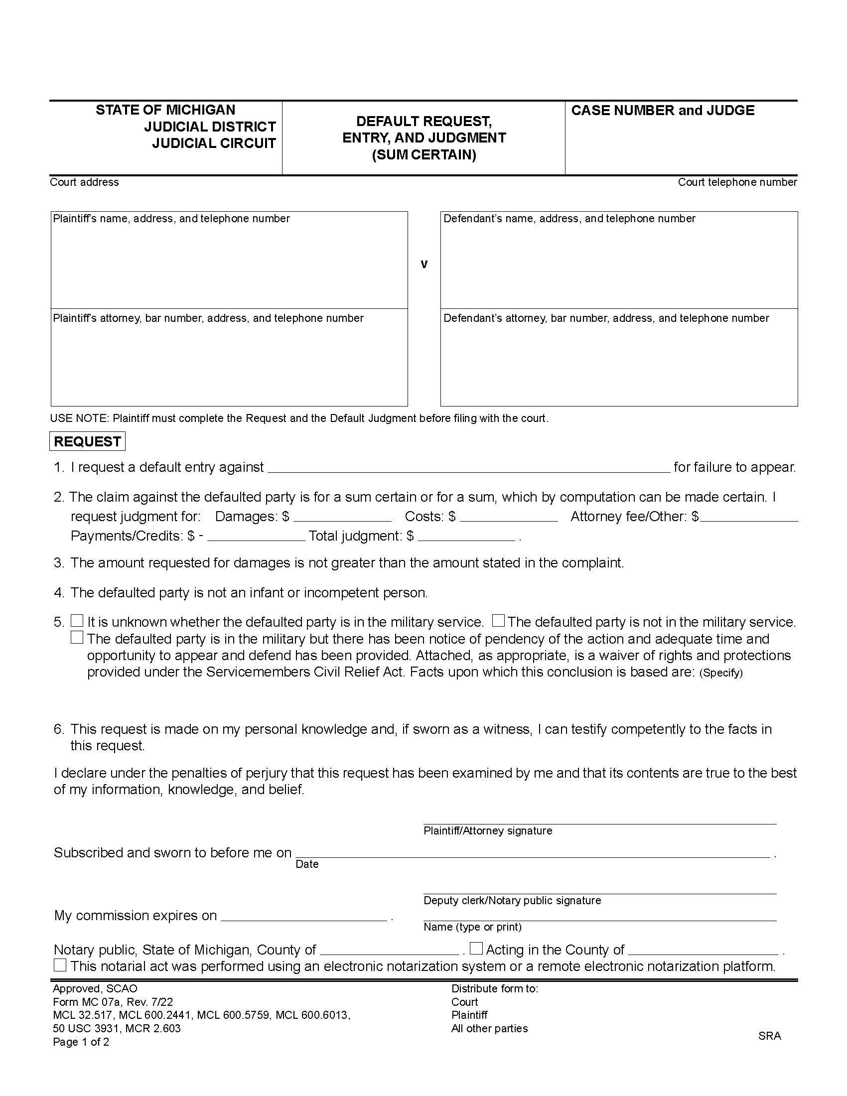Default Request And Affidavit And Entry And Judgment (Sum Certain) {MC 07a} | Pdf Fpdf Doc Docx | Michigan