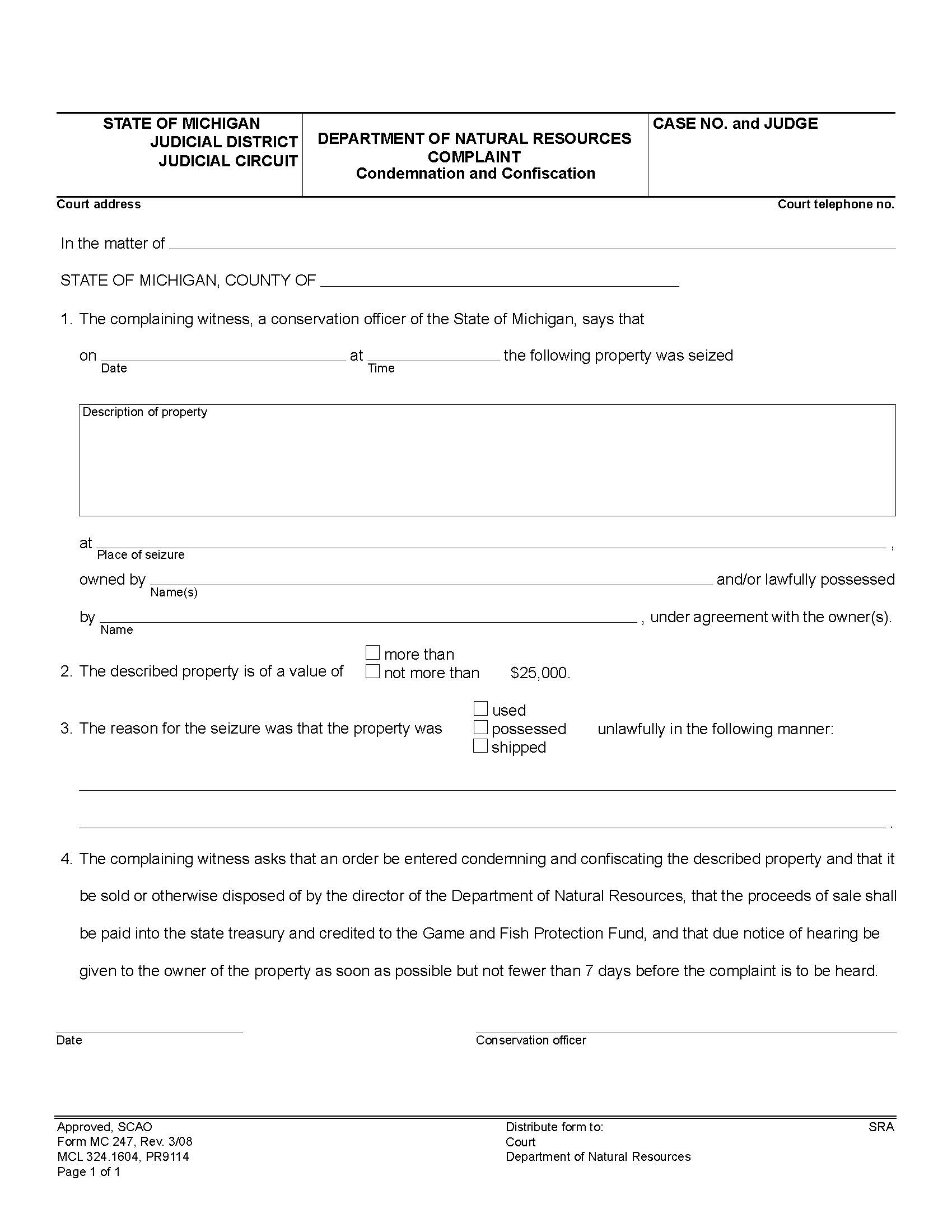 Department Of Natural Resourses Complaint {MC 247} | Pdf Fpdf Doc Docx | Michigan