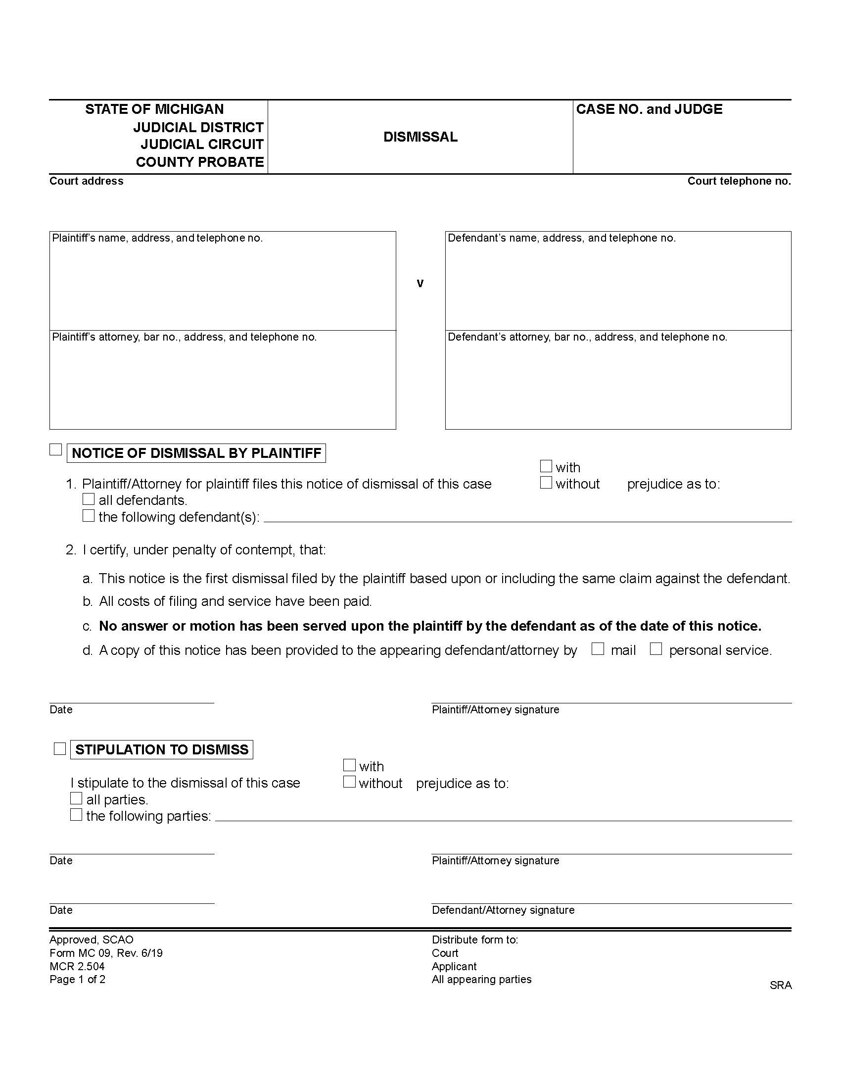 Dismissal {MC 09} | Pdf Fpdf Docx | Michigan