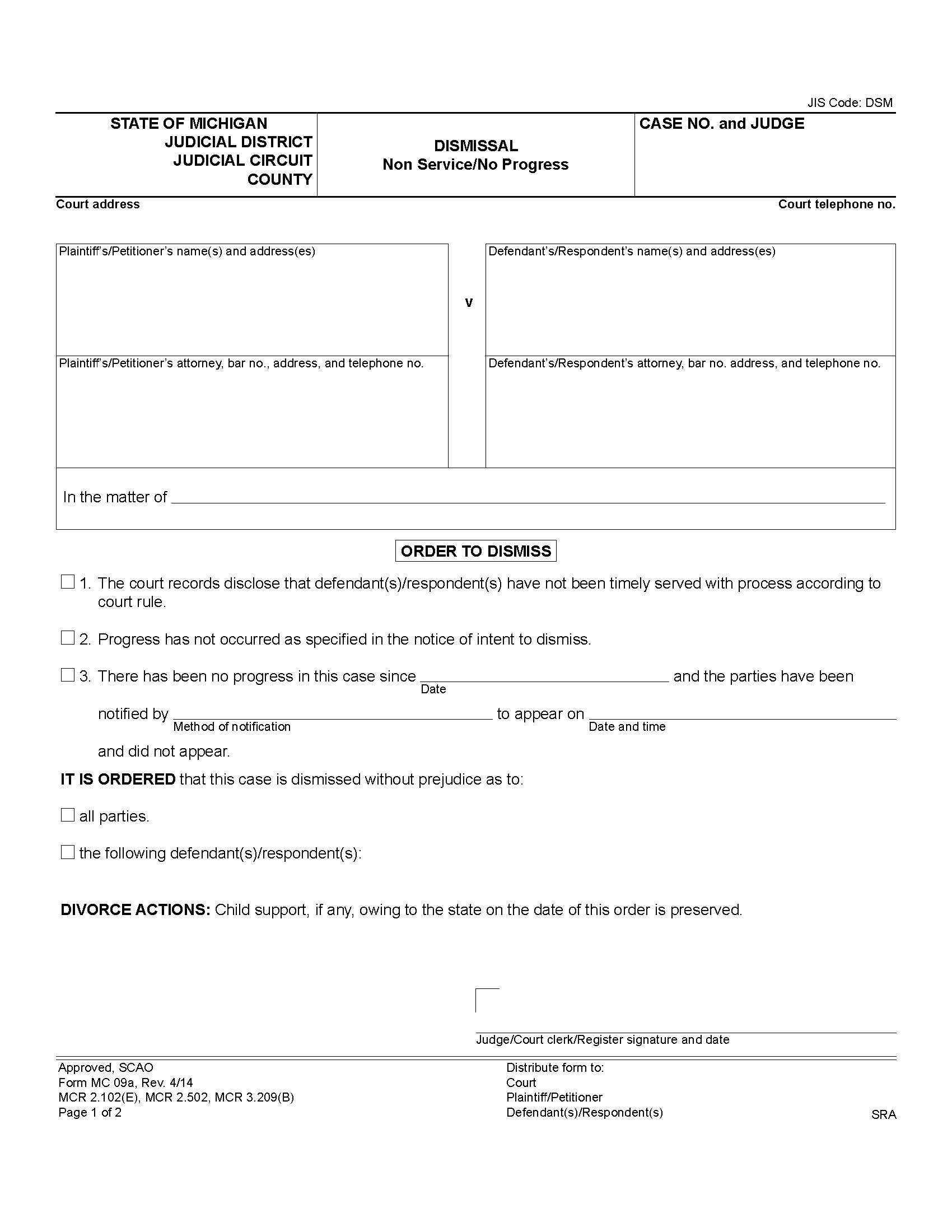 Dismissal Non Service Or No Progress {MC 09a} | Pdf Fpdf Doc Docx | Michigan