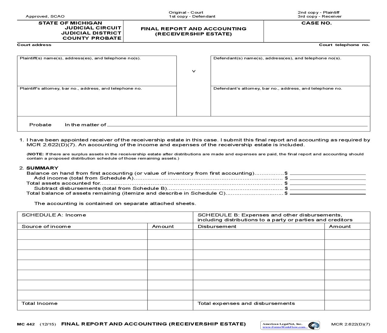 Final Report And Accounting (Receivership Estate) {MC 442} | Pdf Fpdf Doc Docx | Michigan