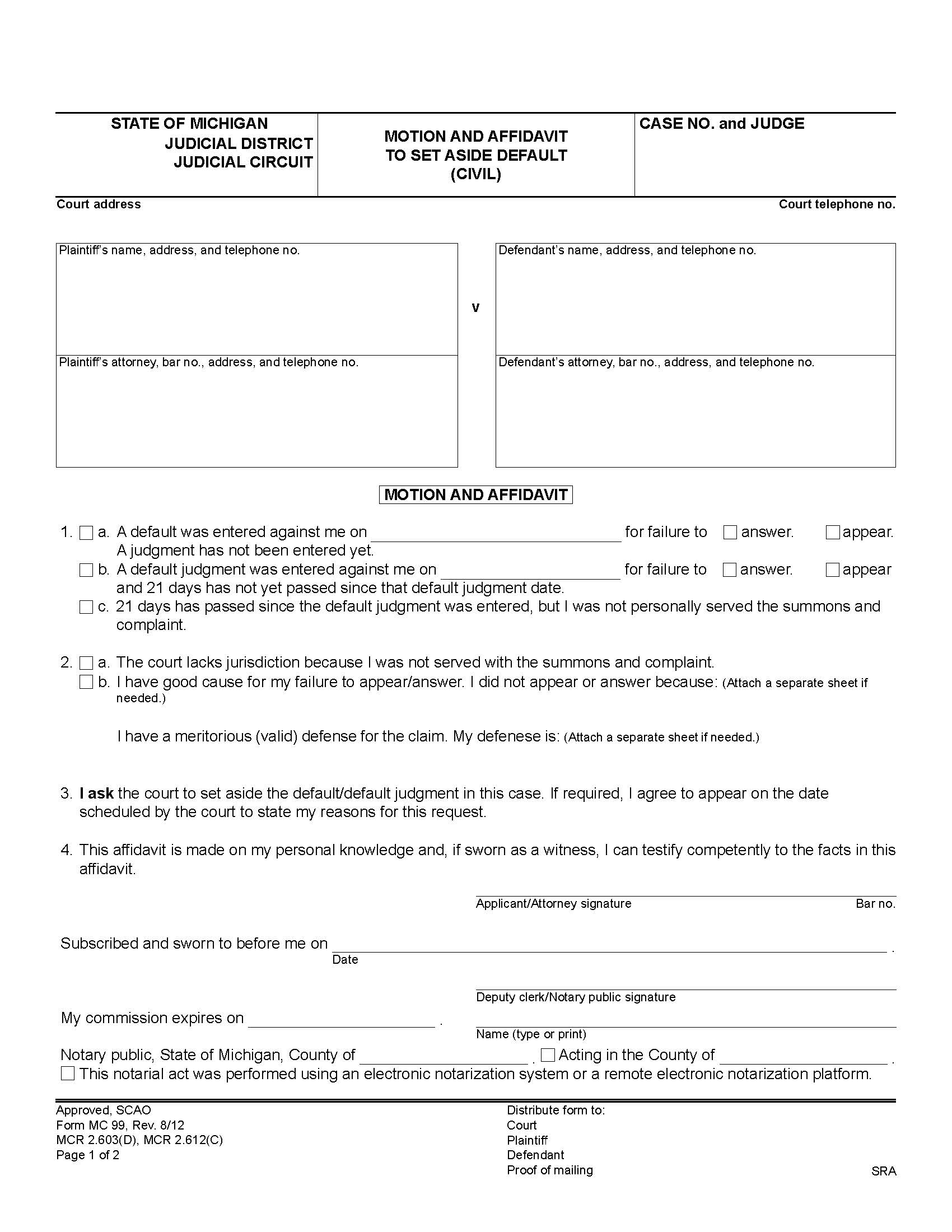 Motion And Affidavit To Set Aside Default (Civil) {MC 99} | Pdf Fpdf Doc Docx | Michigan
