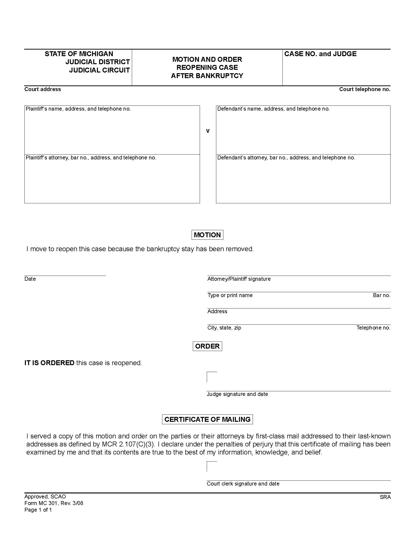 Motion And Order Reopening Case After Bankruptcy {MC 301} | Pdf Fpdf Doc Docx | Michigan