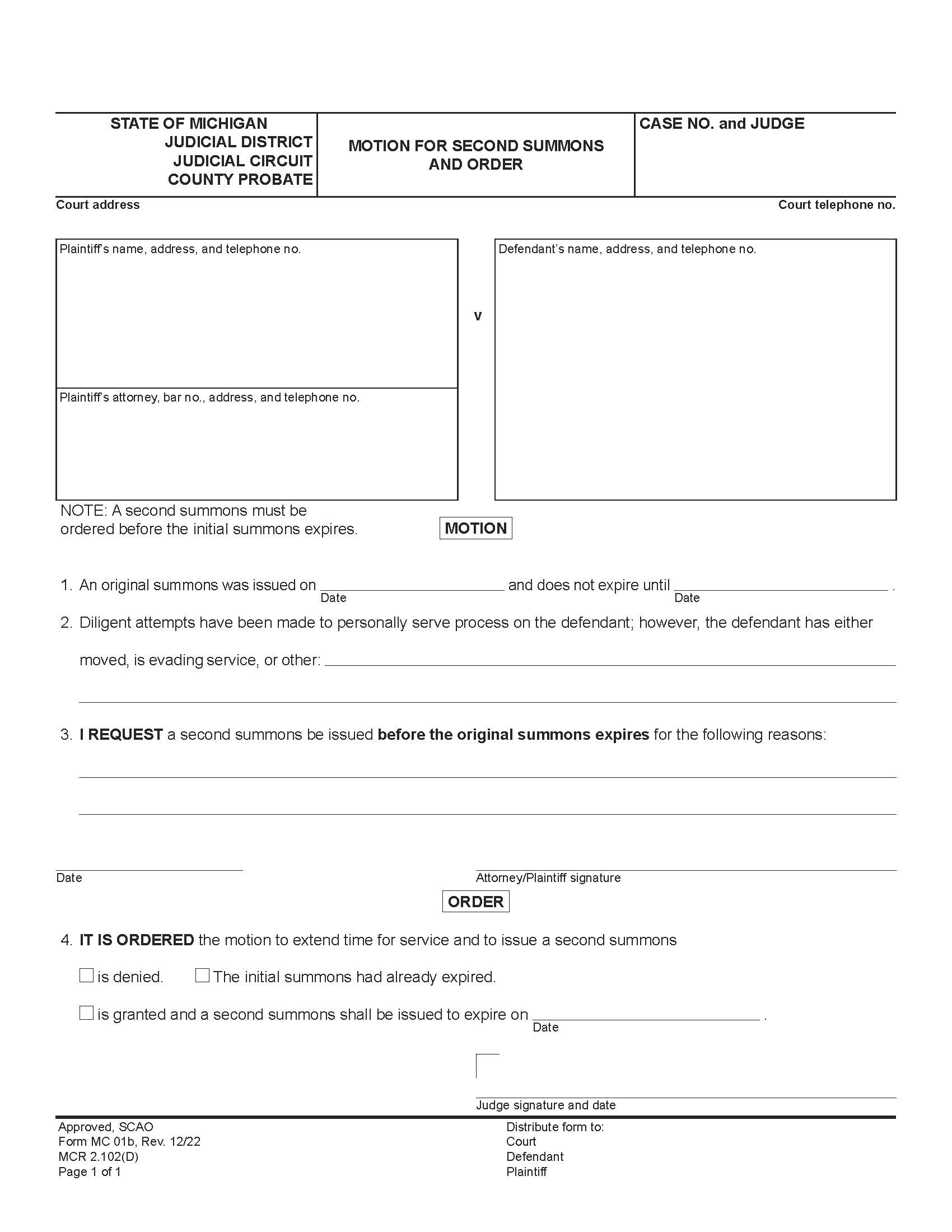 Motion For Second Summons And Order {MC 01b} | Pdf Fpdf Doc Docx | Michigan