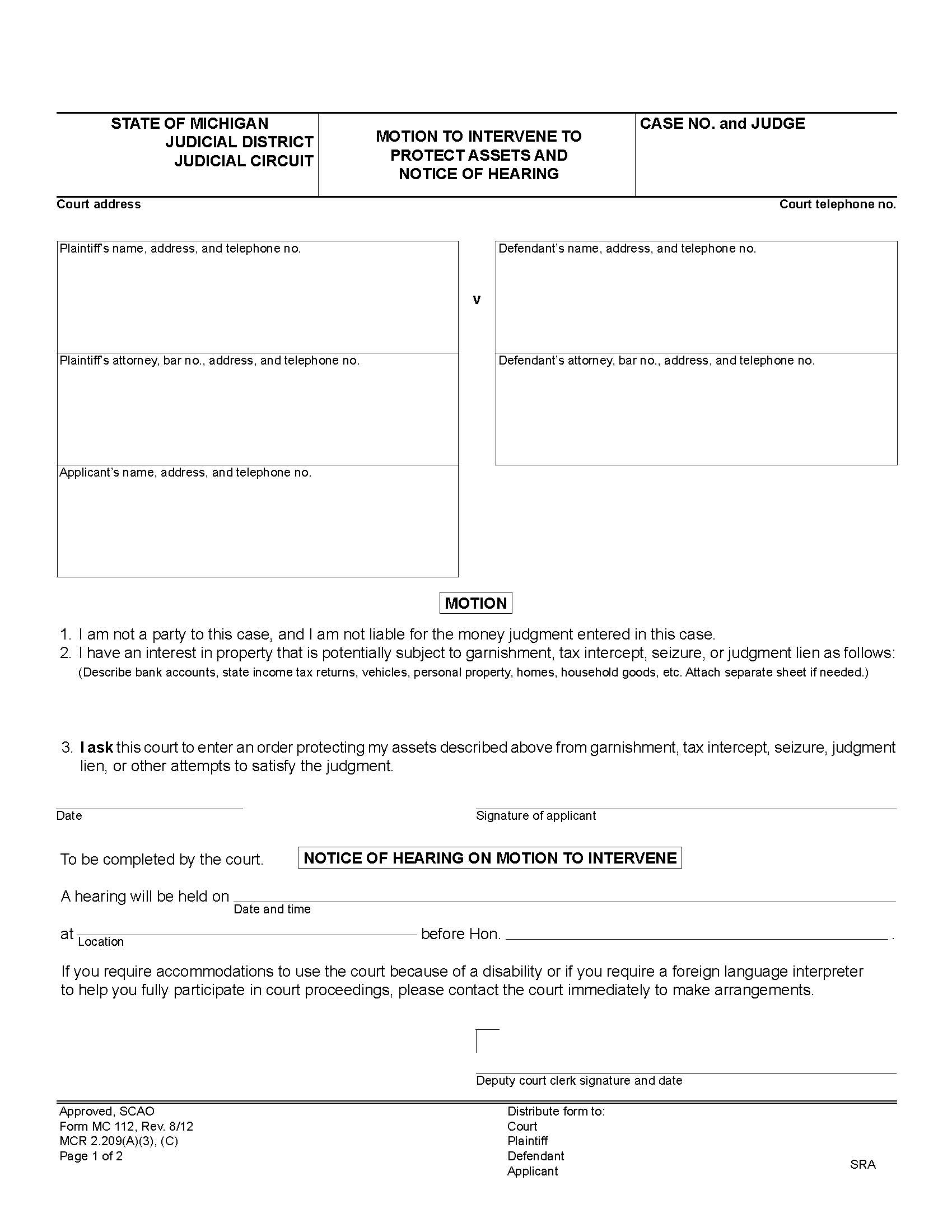 Motion To Intervene To Protect Assets And Notice Of Hearing {MC 112} | Pdf Fpdf Doc Docx | Michigan