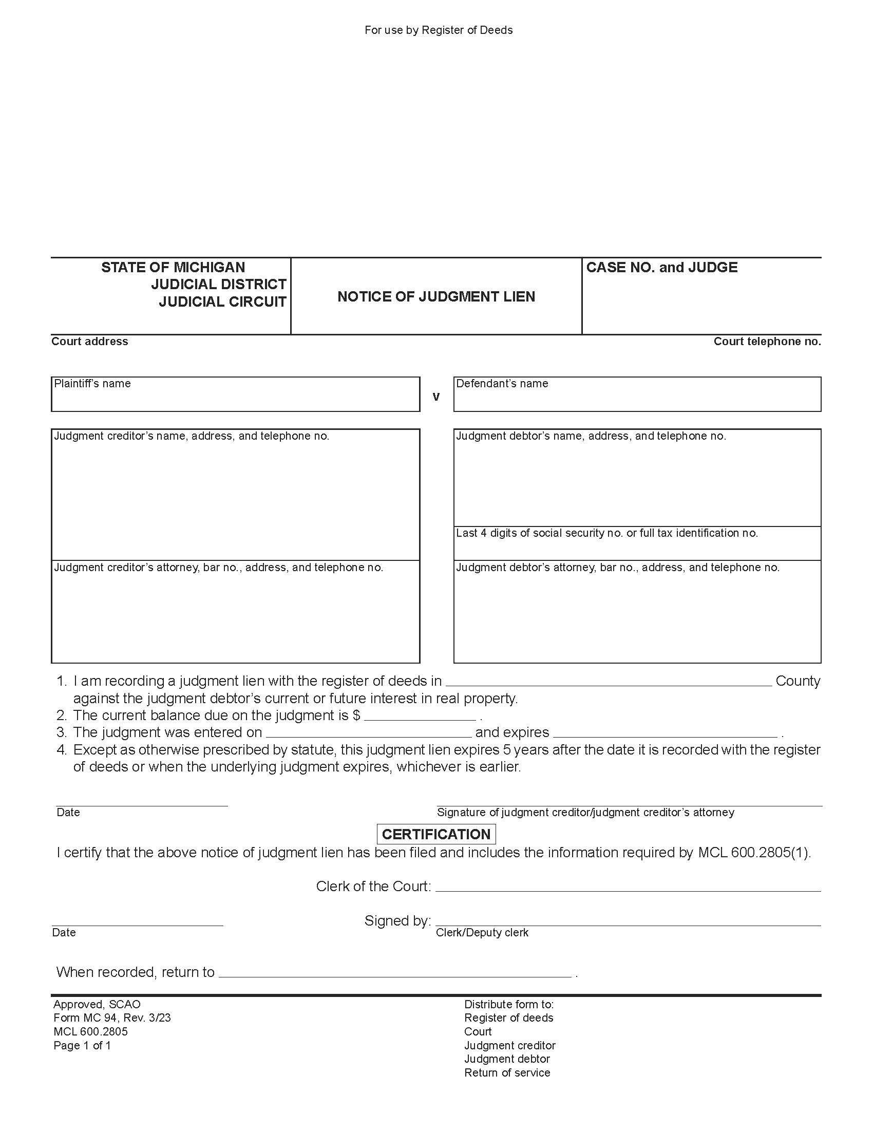 Notice Of Judgment Lien {MC 94} | Pdf Fpdf Doc Docx | Michigan