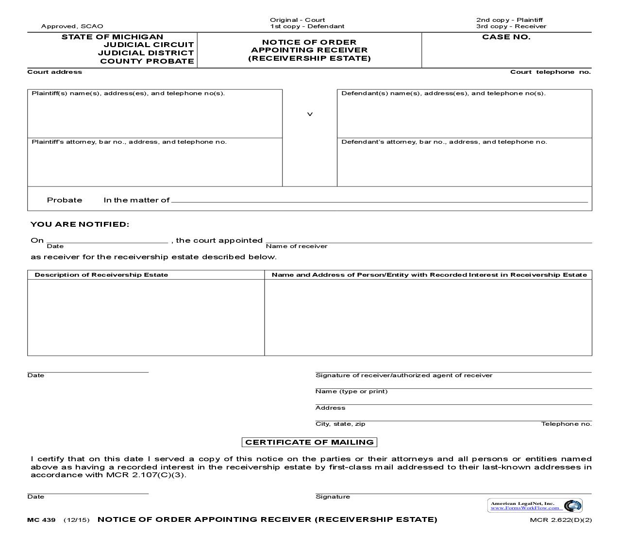 Notice Of Order Appointing Receiver (Receivership Estate) {MC 439} | Pdf Fpdf Doc Docx | Michigan