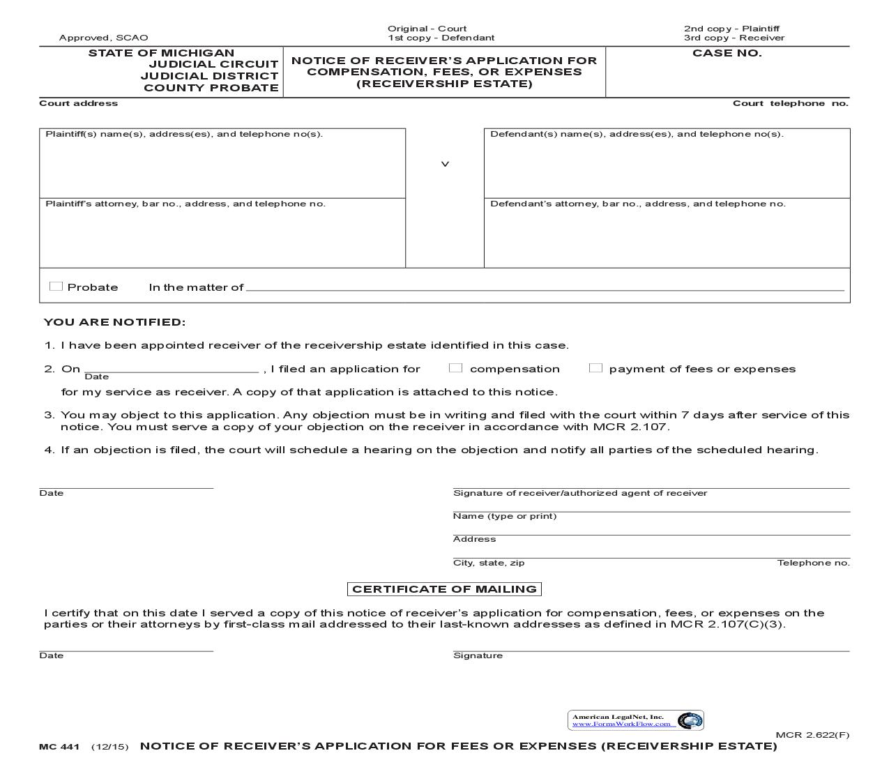 Notice Of Receivers Application For Compensation Fees Or Expenses (Receivership Estate) {MC 441} | Pdf Fpdf Doc Docx | Michigan