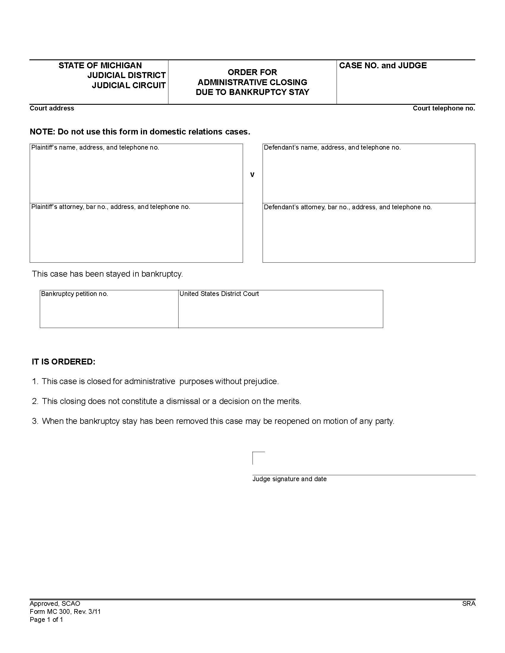 Order For Administrative Closing Due To Bankruptcy Stay {MC 300} | Pdf Fpdf Doc Docx | Michigan