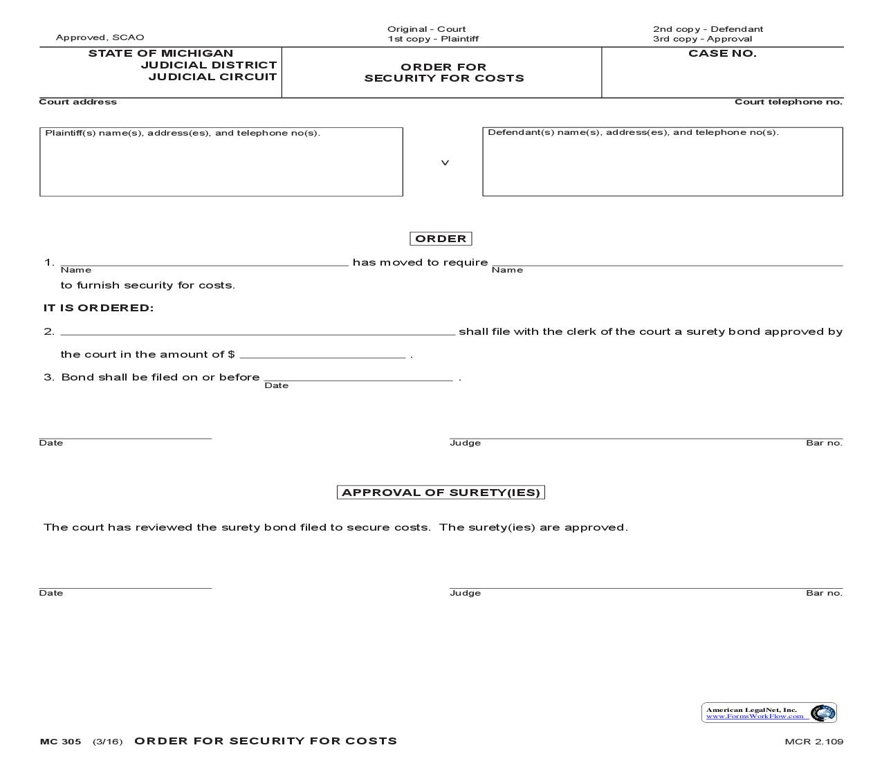Order For Security For Costs {MC 305} | Pdf Fpdf Doc Docx | Michigan