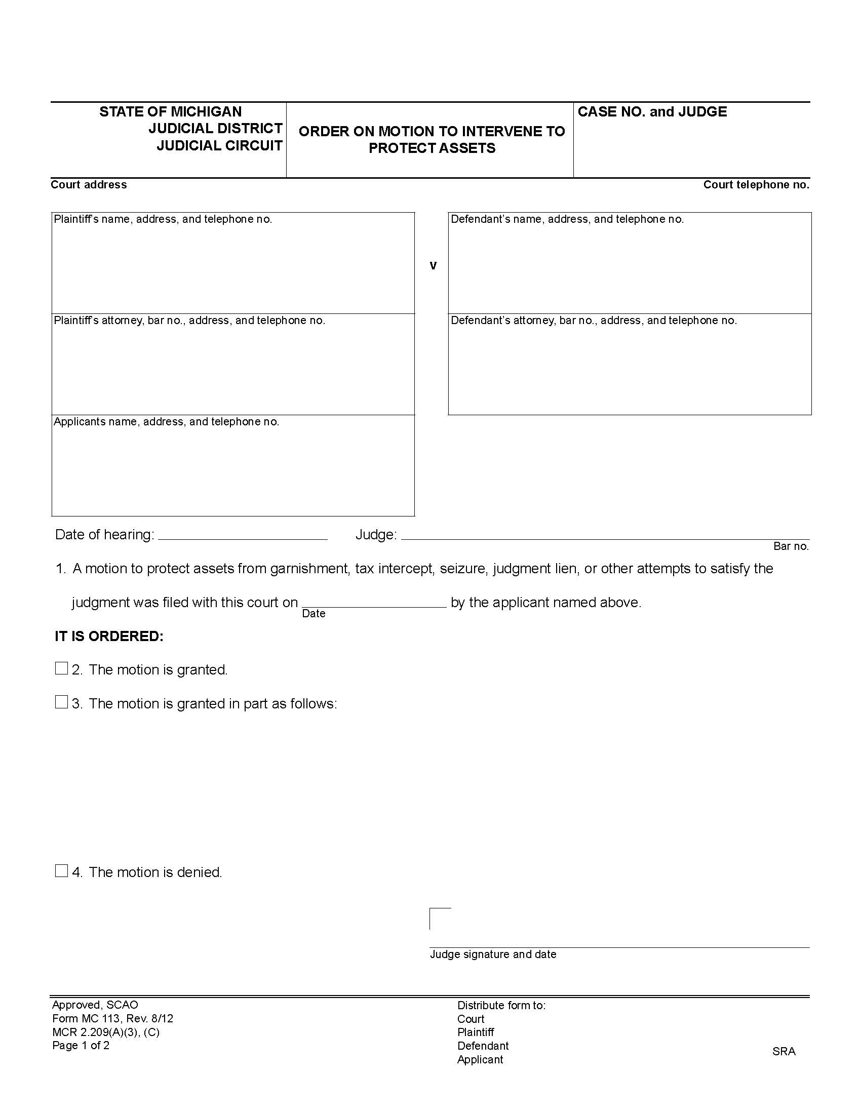 Order On Motion To Intervene To Protect Assets {MC 113} | Pdf Fpdf Doc Docx | Michigan