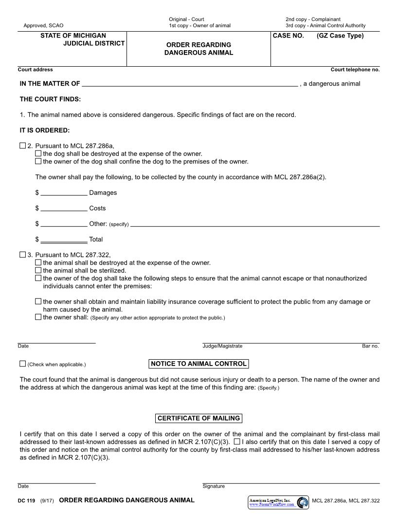 Order Regarding Dangerous Animal {DC 119} | Pdf Fpdf Docx | Michigan