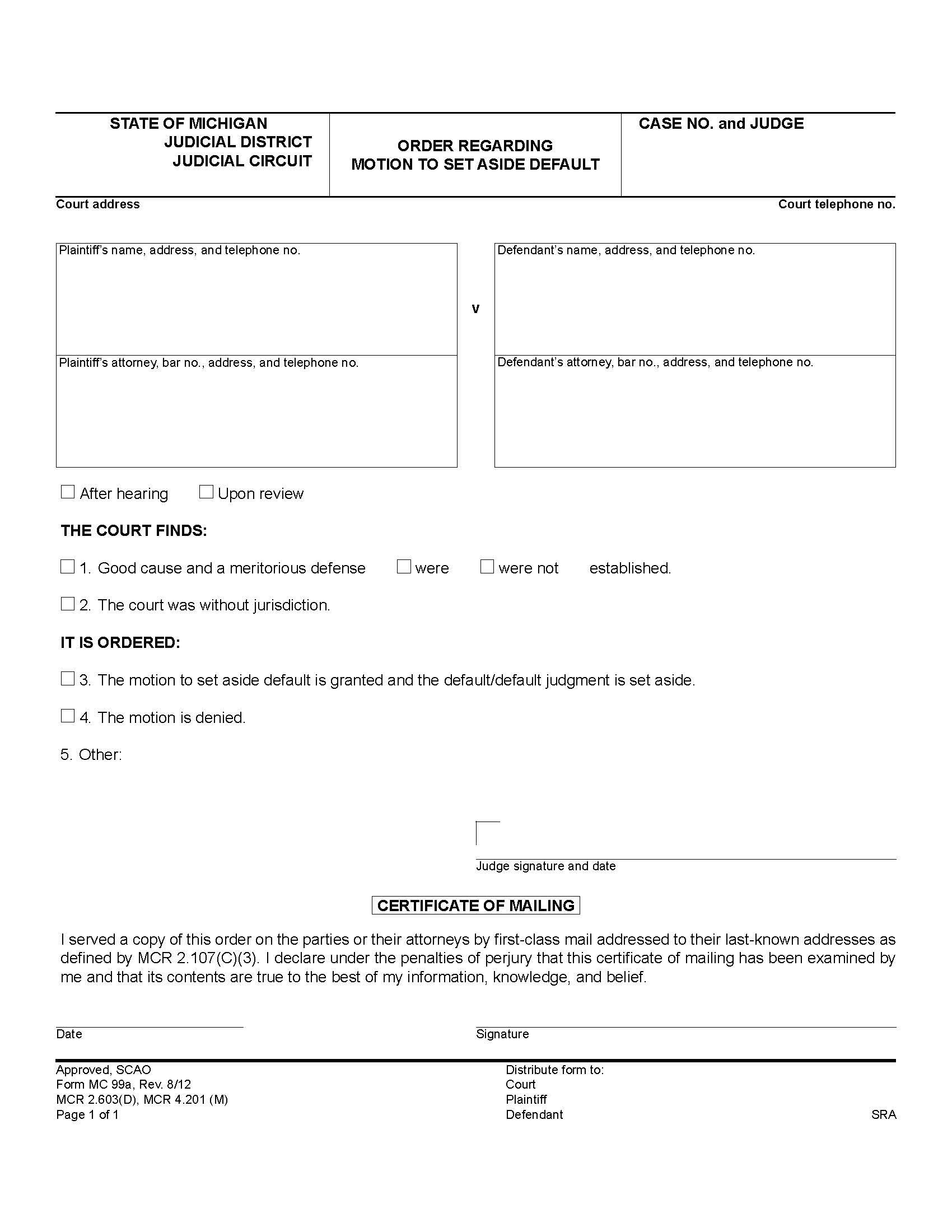 Order Regarding Motion To Set Aside Default {MC 99a} | Pdf Fpdf Doc Docx | Michigan