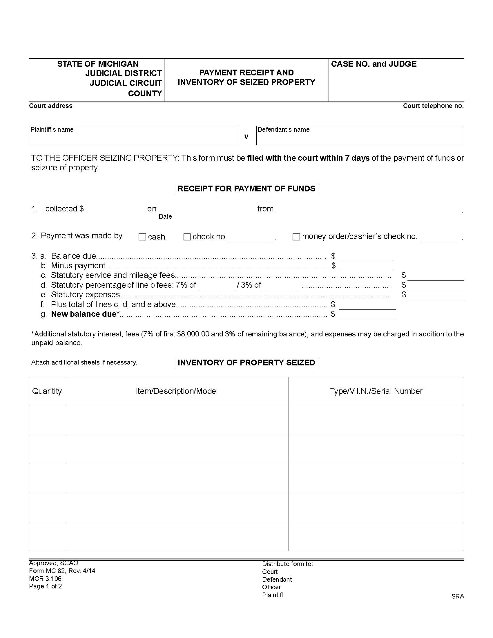 Partial Payment Receipt And Inventory Of Seized Property {MC 82} | Pdf Fpdf Doc Docx | Michigan