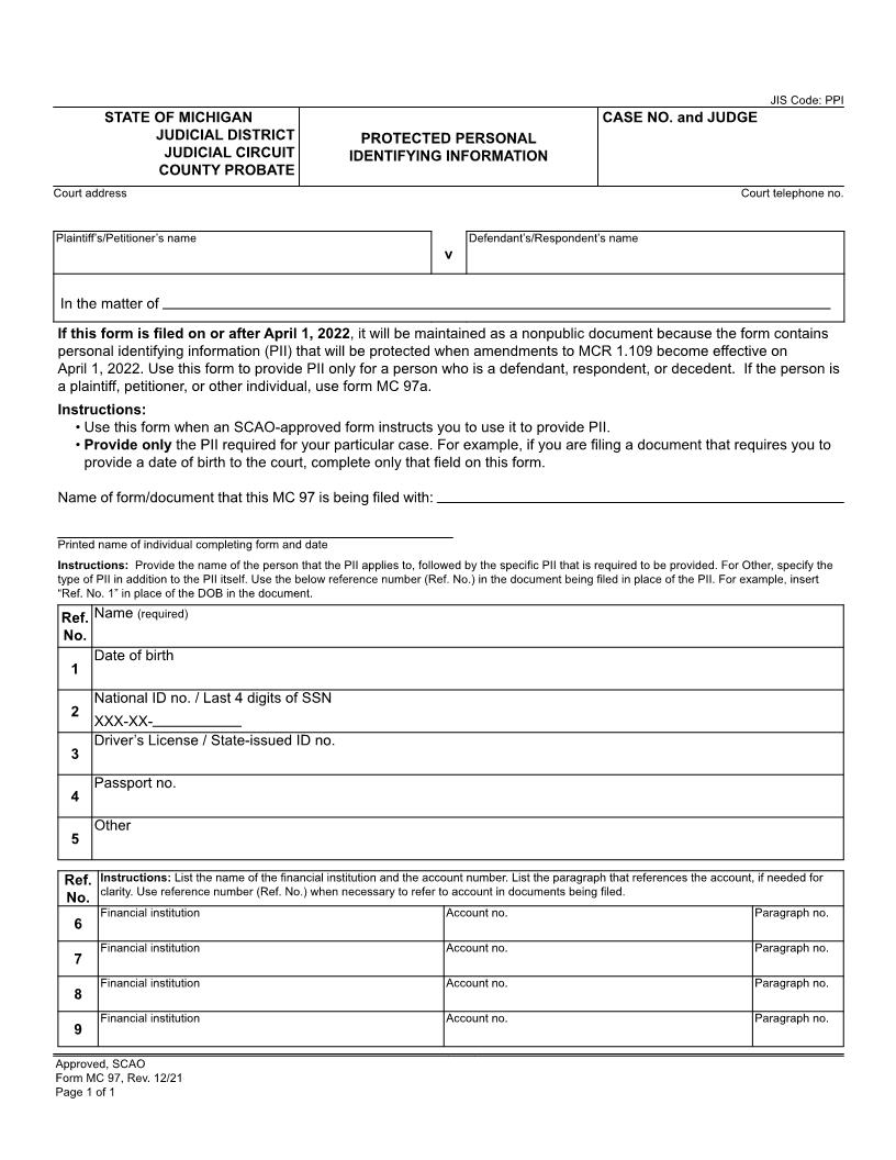 Protected Personal Identifying Information {MC 97} | Pdf Fpdf Docx | Michigan