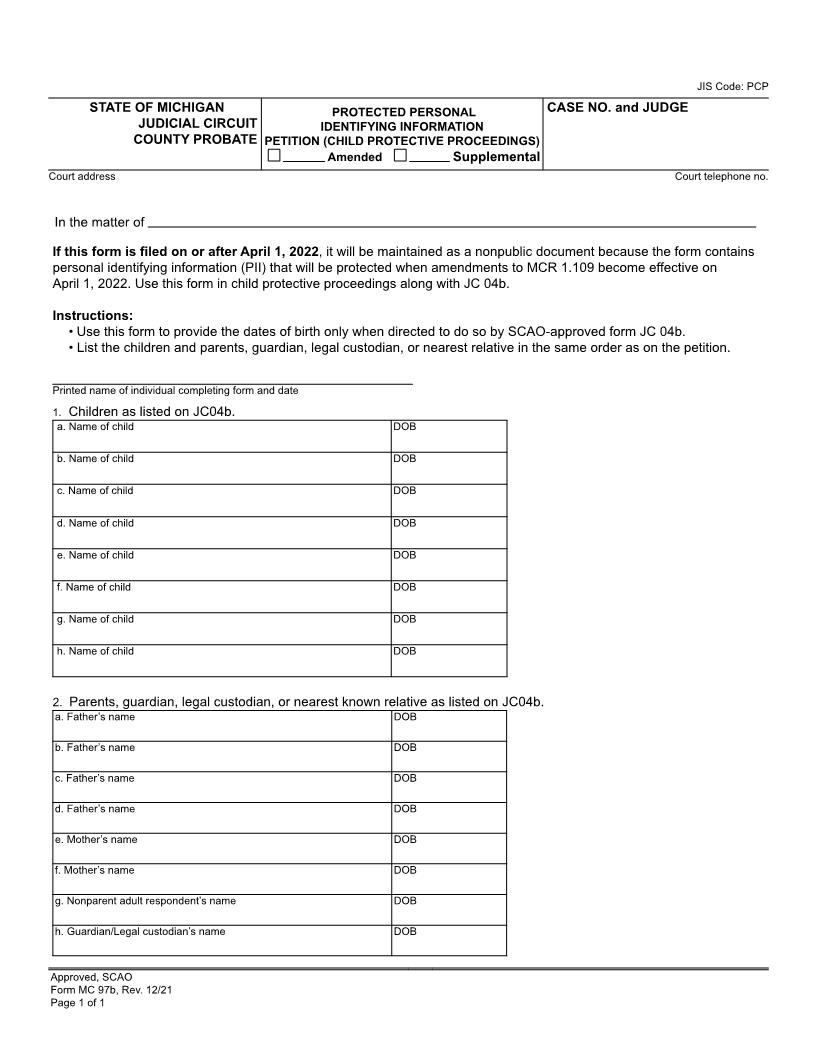 Protected Personal Identifying Information Petition (Child Protective Proceedings) {MC 97b} | Pdf Fpdf Docx | Michigan