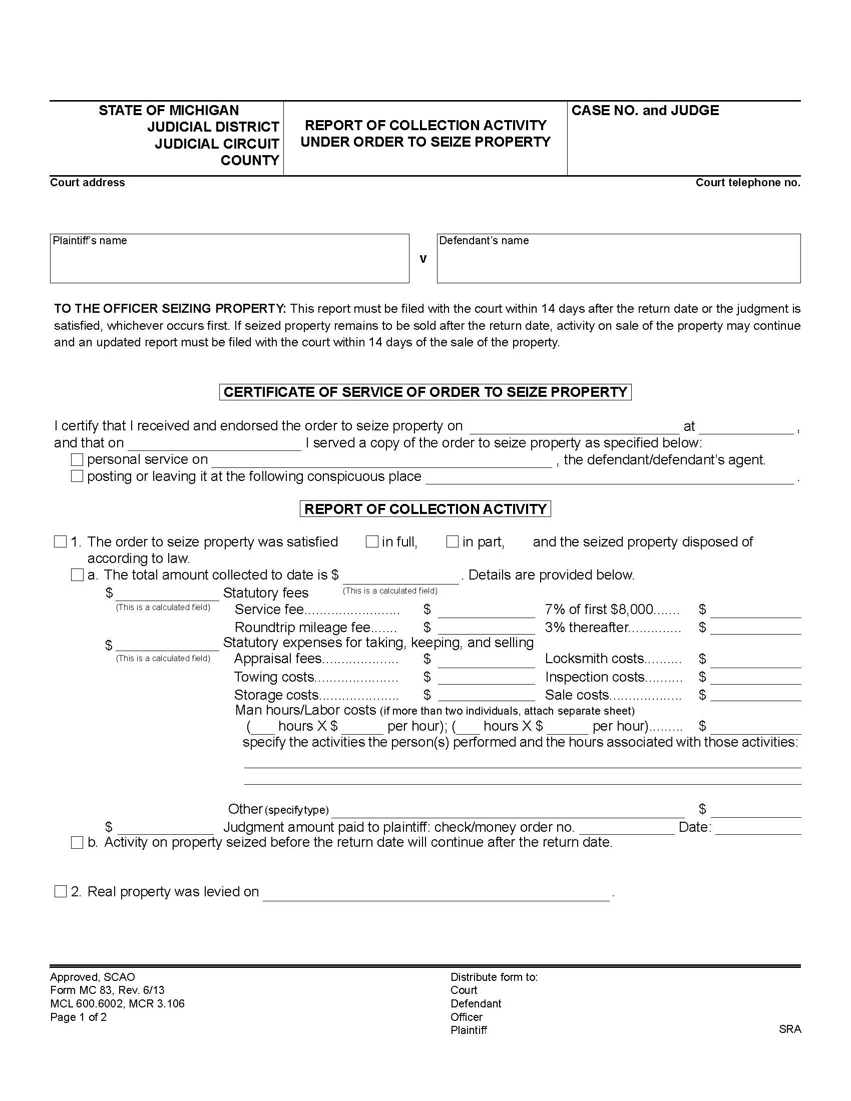 Report Of Collection Activity Under Order To Seize Property {MC 83} | Pdf Fpdf Doc Docx | Michigan