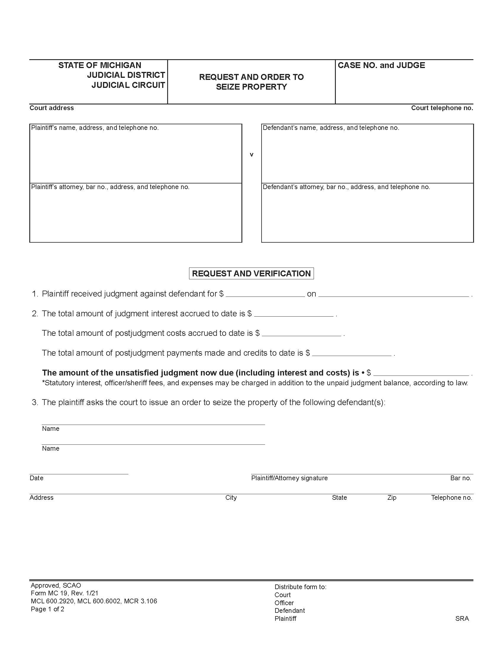Request And Order To Seize Property {MC 19} | Pdf Fpdf Doc Docx | Michigan