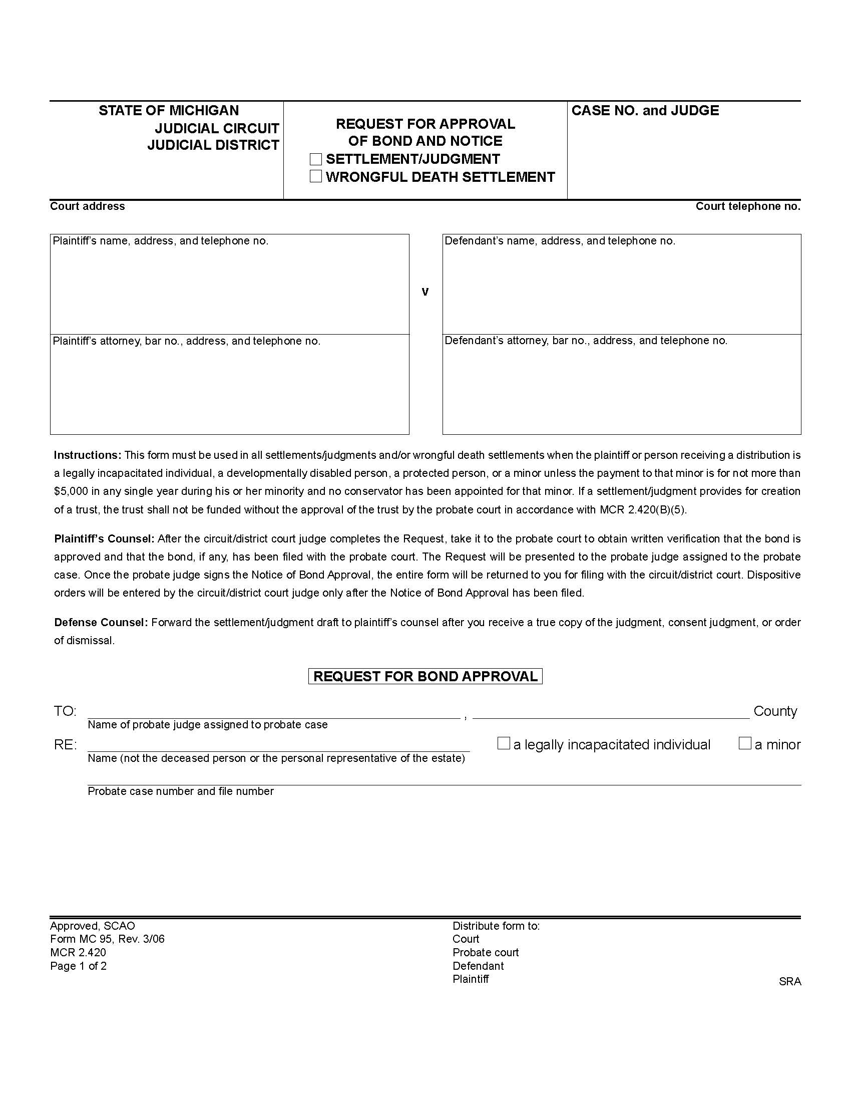 Request For Approval Of Bond And Notice {MC 95} | Pdf Fpdf Doc Docx | Michigan