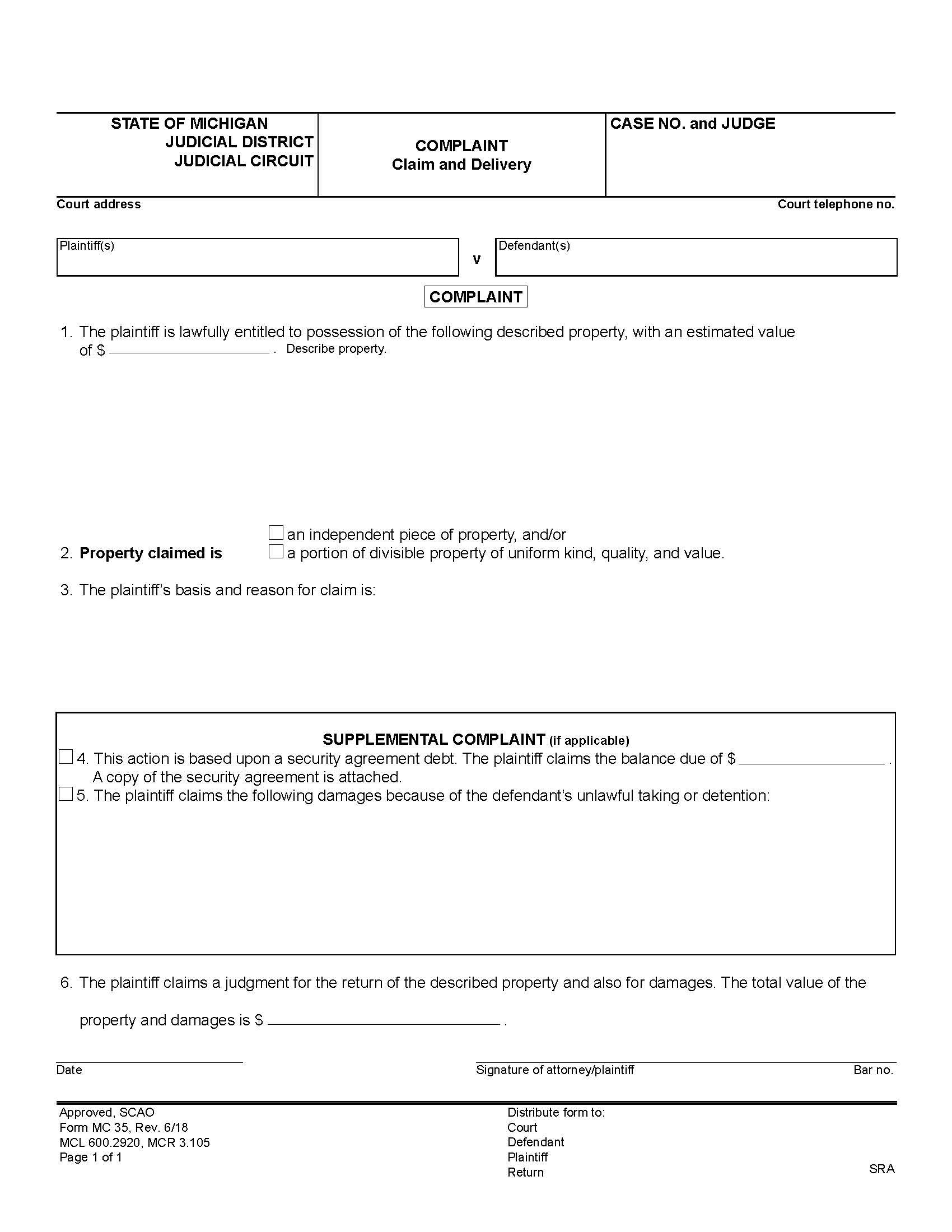Complaint {MC 35} | Pdf Fpdf Docx | Michigan